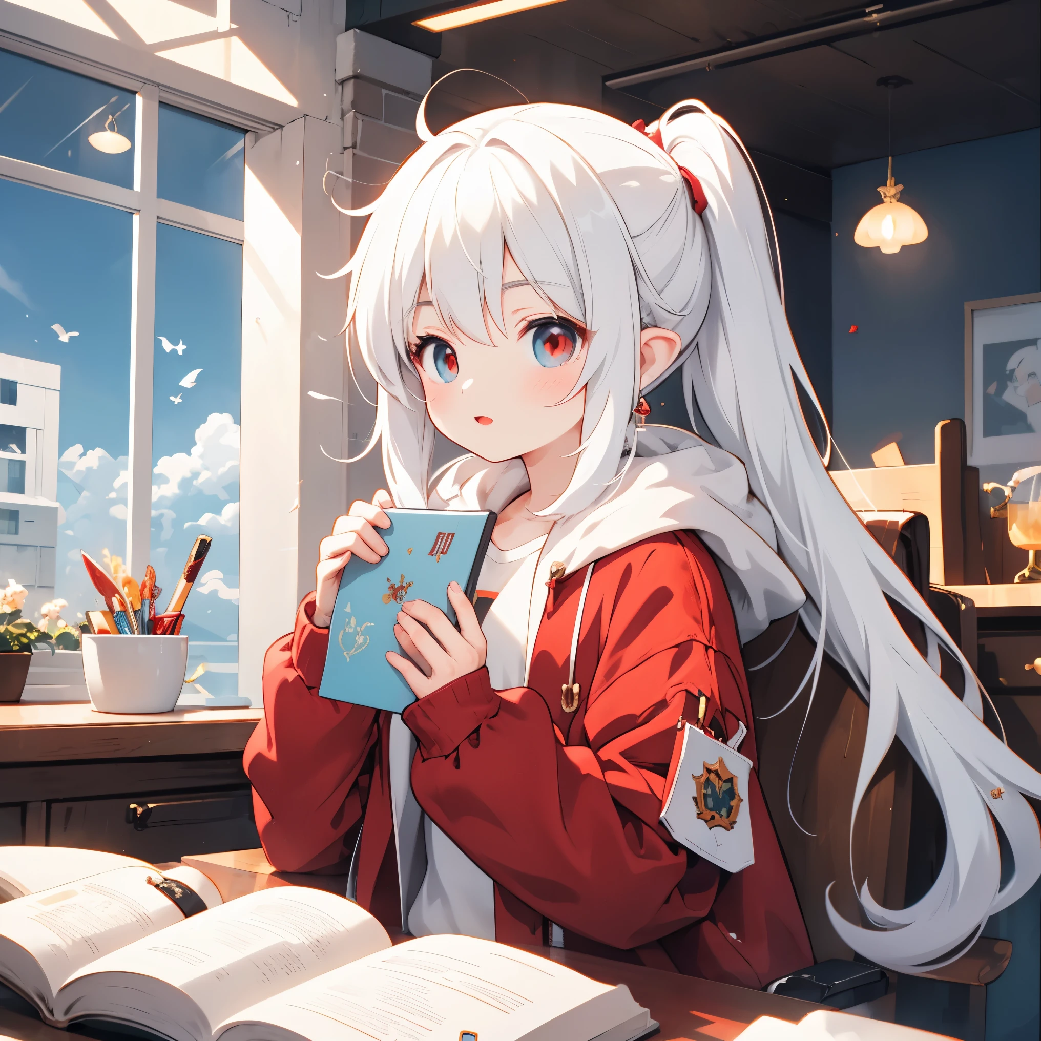 Red Dragon Girl，  double ponytail，White Lightweight Jacket，Magnificent Giaki ， Holding a book ，Dragon Horn，Dragon Wing，Dragon Girl with Dragon Characteristics