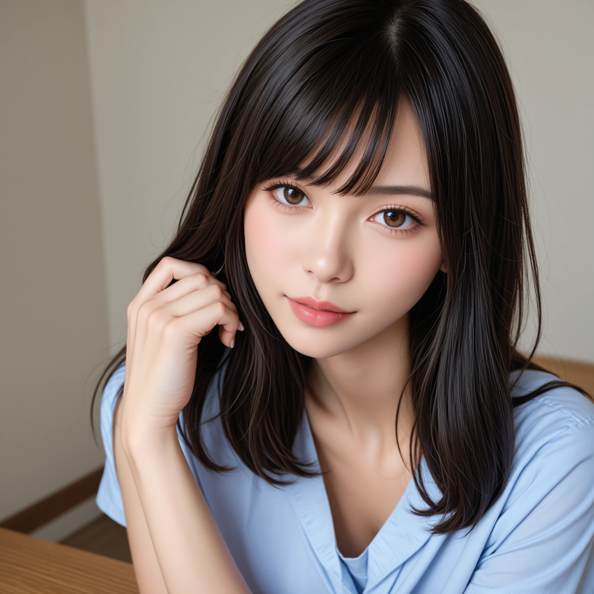 Masterpiece, High quality, high resolution, Skinny Japanese woman, 30 years old, cute face, ((detailed face, detailed eyes)), small breasts, very thin waist, slender legs, dayoff, relaxing at living room