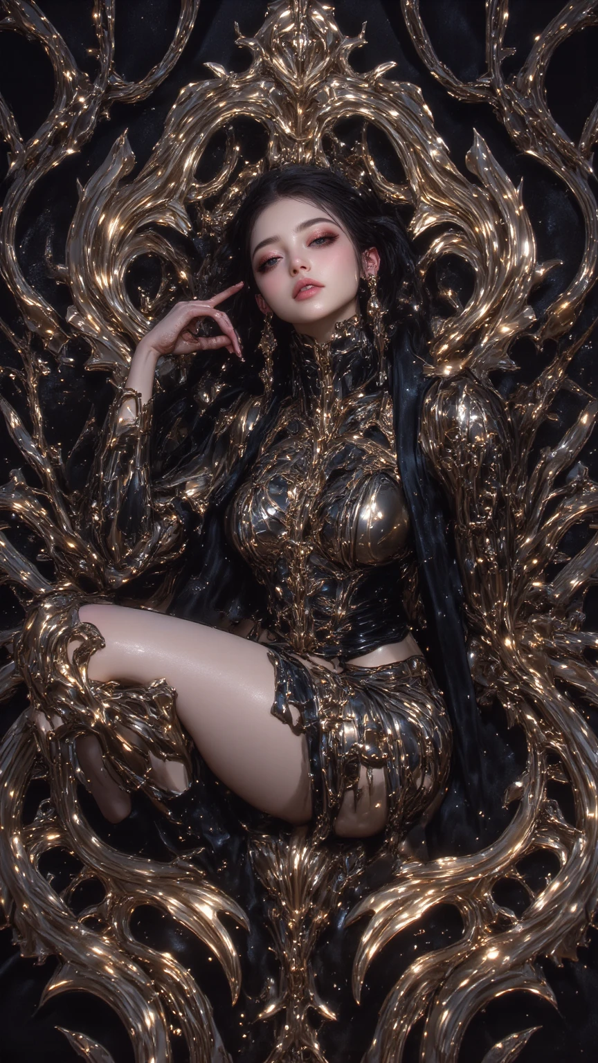 (masterpiece, best quality:1.2),shiny astride,solo,Anatomically correct,GFAhri,ezh, 1beautiful girl, long hair,smile,barefoot,lace,Carved and hollowed out shiny leggings, blush,breasts,cleavage,large breasts,lips,long hair,smile,toenails,) femdom,hetero,(rich background, film shooting, depth of field, Super visual, The art of HR Giger and Beksinski comes together in this detail, Grim, skeletons:1.5,Flowing saliva:1.5,Bare brains on the wall,beauitful , mucus:1.5,A large number of homogeneous species:1.5,Psychedelic background,Dark horror scene. Sharp images, Use edge lights to render at 8K resolution, Lovecraft's tentacles, Surreal and dreamlike elements,decaying flesh,supernatural horror,pearl thong