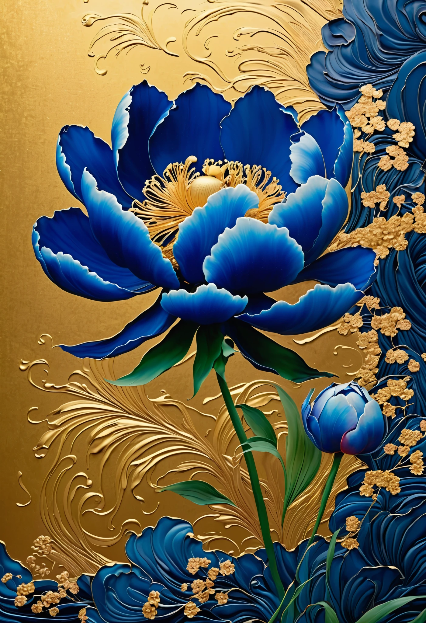 Made with traditional techniques, Japanese painting, gold paint, watercolor, glitter powder, shellfish, painted indigo flowers, gold paint flower painting, lacquer-e style, The folding screen installed in a temple in Kyoto is very beautiful., A painting style that enriches the hearts of those who see it, beautiful, classical painting, Ogata Korin's painting style, dark blue peony, bright colors, a fusion of classical art and modern art, masterpiece, super detailed