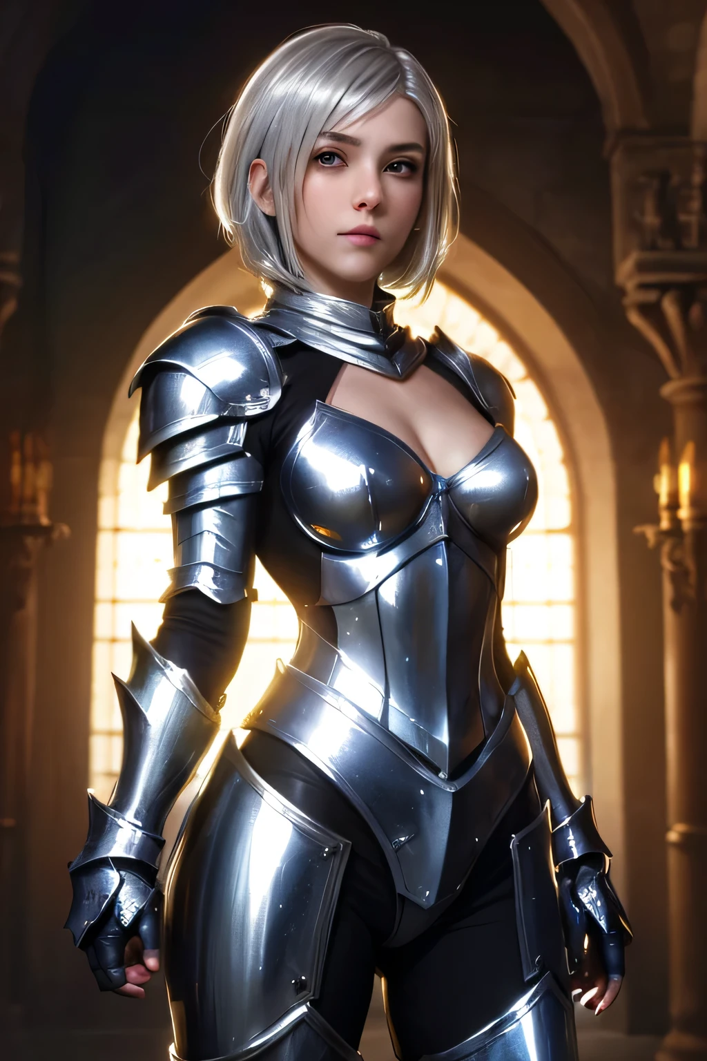 Beauty blonde (short hair) girl in detailed medieval armor