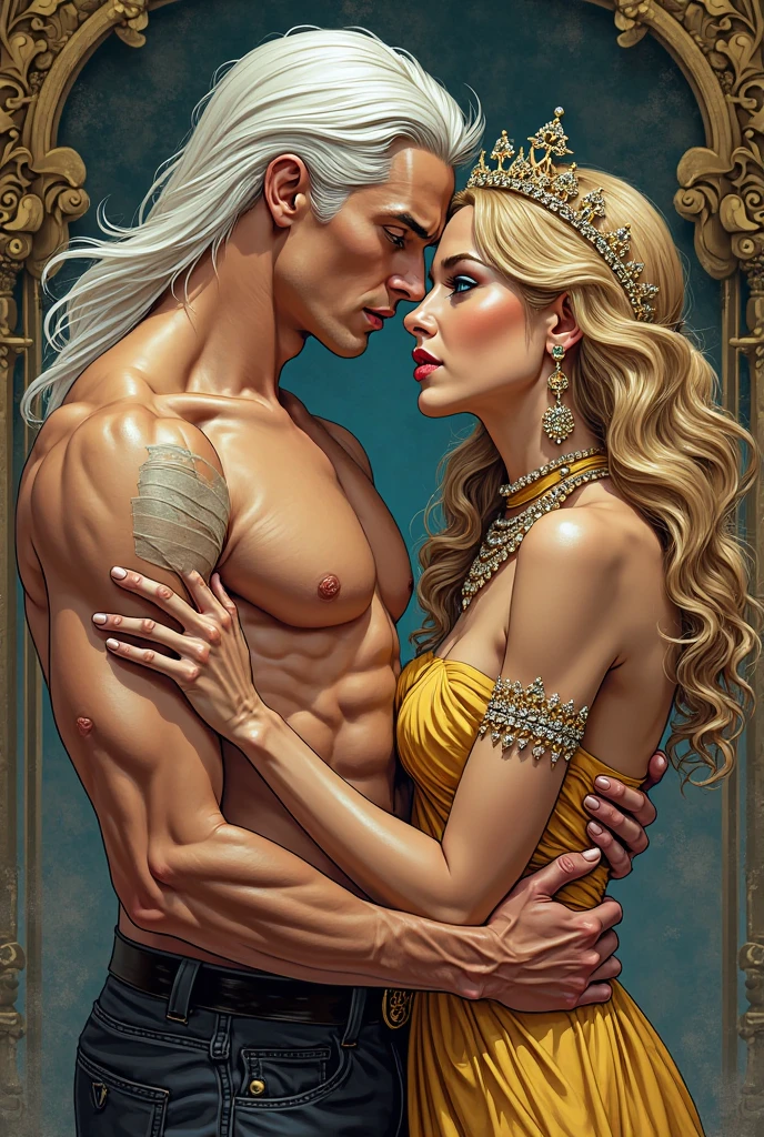 full body, naked, a man kitnap and hug a woman, painted of rugged zeus and queen hera, god of thunder, female greek god, white hair, masculine, mature, handsome, upper body, muscular, hairy torso, fantasy, intricate, elegant, highly detailed, digital painting, artstation, concept art, smooth, sharp focus, illustration, art by gaston bussiere and alphonse mucha, almost naked