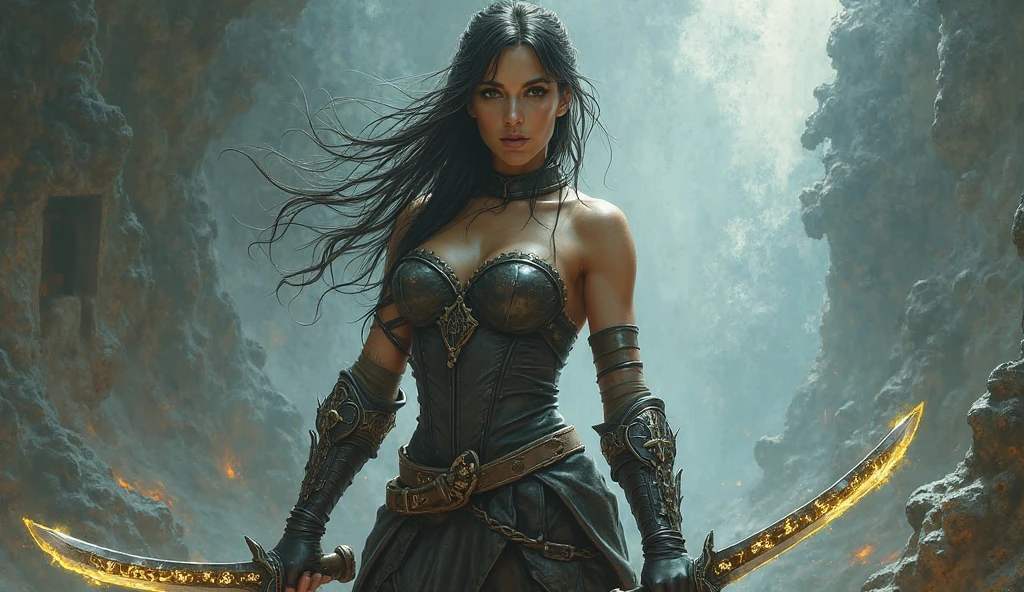 woman, milf, tall, athletic, beautiful, black hair, African descent, warrior with black armor based on an RPG video game, unarmed, accompanied by a panther, detailed face, detailed eyes, detailed lips, hyperrealistic, 8k, photorealistic, masterpiece, dramatic lighting, cinematic, epic, dramatic, powerful, mystical, fantasy, dark, moody