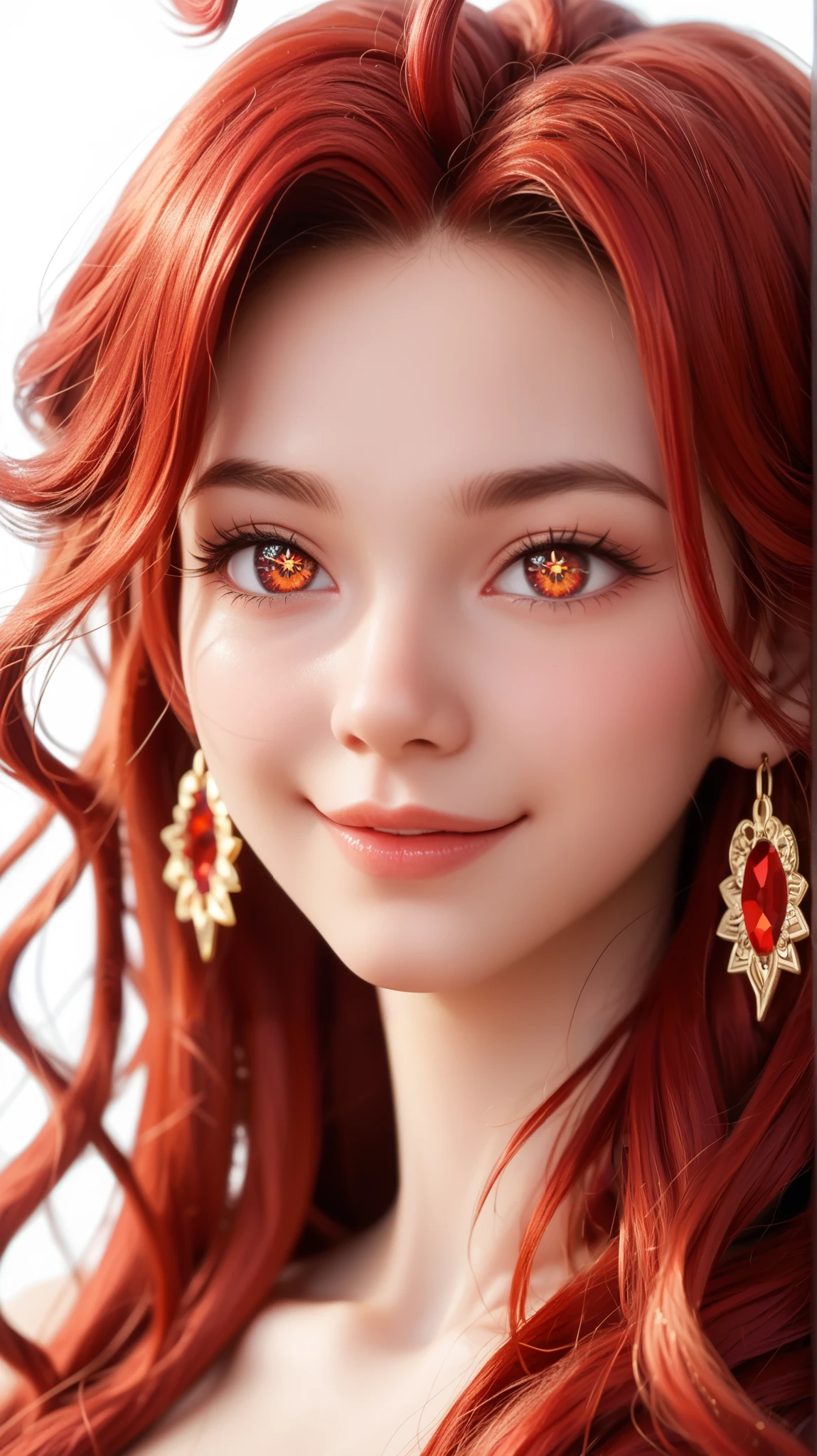 masterpiece, best quality, newest, absurdres, highres, 1girl, mavkdef, symbol-shaped pupils, red eyes, red hair, long hair, ahoge, close-up, smile,