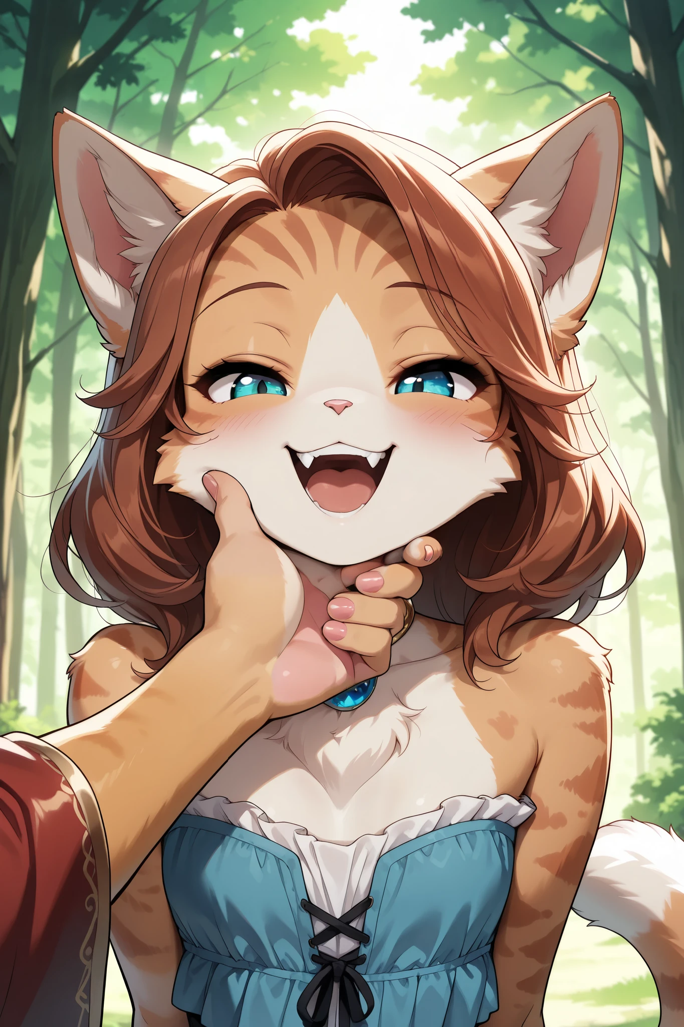 1 Beautiful Girl , cute fur , Furry, Cat face, Cat girl, medium hair, place your hand on your opponent's chin, (Alluring, smile, Very satisfied, open your mouth, tooth, Cat's paw, nail), anime style, ( small ), petite body, very cute, (bust shot), adorable expression, soft lighting , fantasy seen down, Whimsical, magic , Forest Background, (TOP QUALITY:1.2, very detailed, High Detailed CG Illustration, soft focus, masterpiece:1.2, BEST AESTHETICS),
