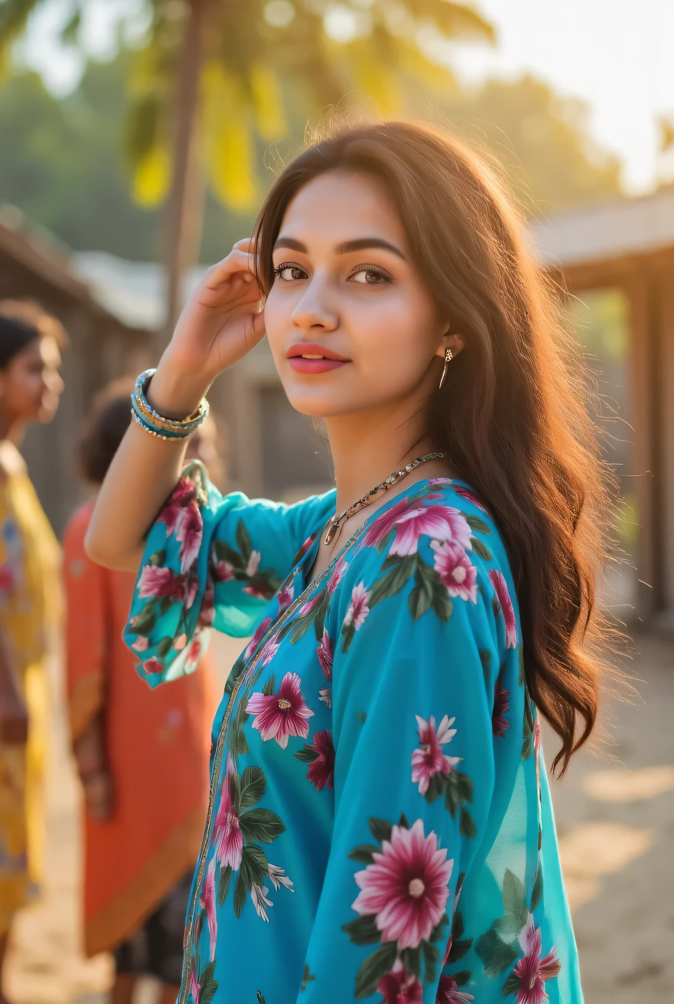 24 year girl in Indian village not modern village rural vibe wearing blue gujrati dress in Goa beach in front of local people with smile on face hand in hair on head perfect eyes 