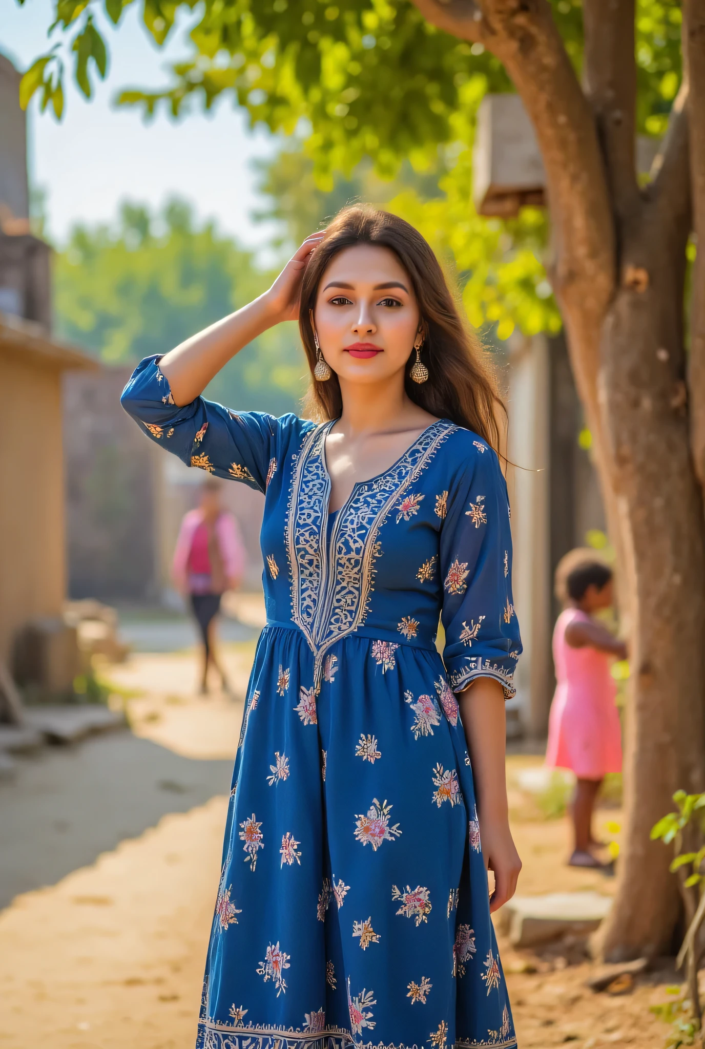 24 year girl in Indian village not modern village rural vibe wearing blue gujrati dress in Goa beach in front of local people with smile on face hand in hair on head perfect eyes