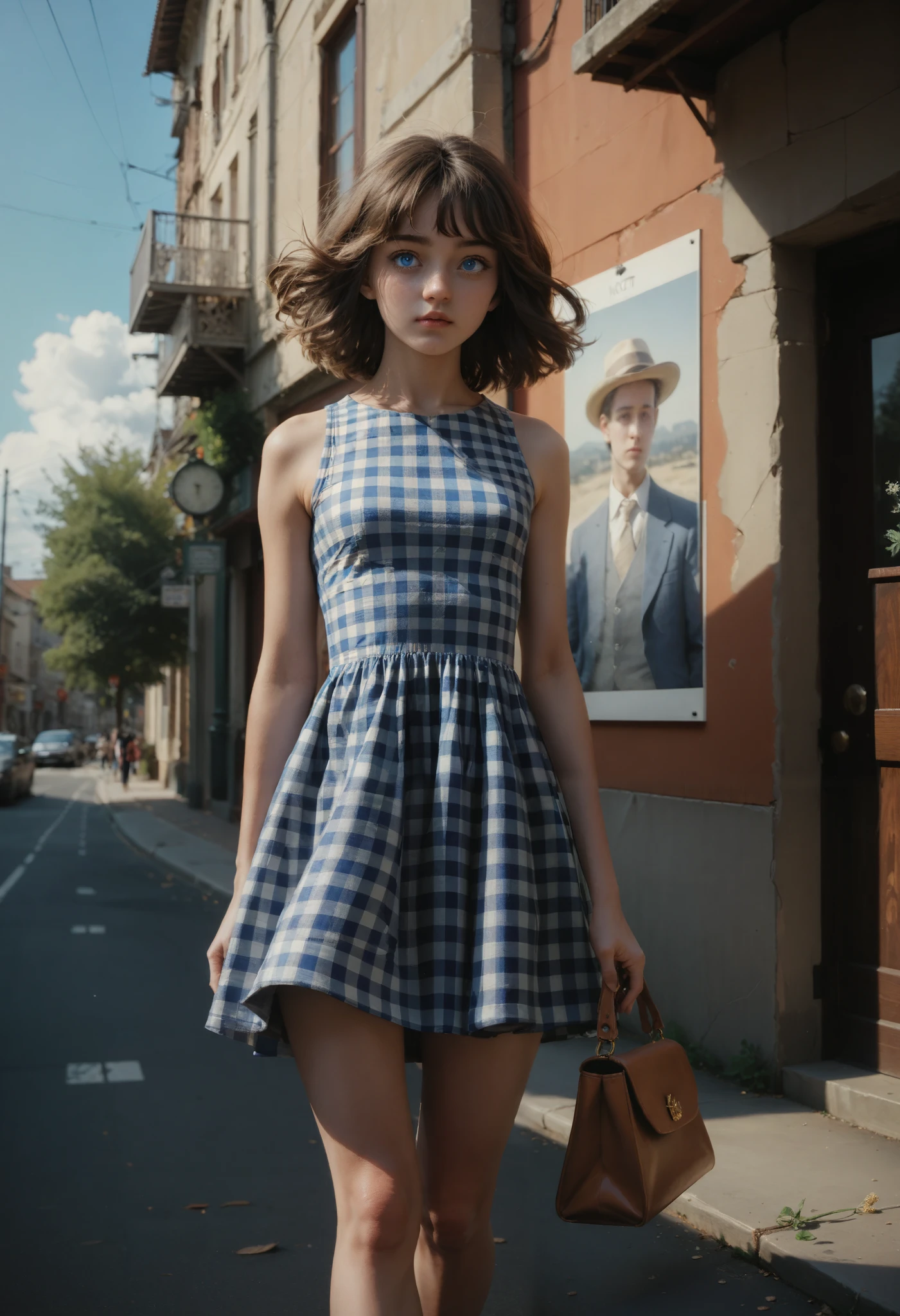 ((RAW photo), absurd, (absurdresolution)), (masterpiece, best quality, wallpaper, best shadow, beautiful detailed glow), (young girl, 21 years old), (sky blue pupil, sharp pupil), ((realistic style)), (cropped, straight hair, disheveled bangs, golden straw color), ((short tight checkered dress, rosewood color)), (simple girl, holding female purse), (walking on vanity, rustic partition wall, unpainted, urbanism 2025), strong wind, ((Noon)), ((Photographic Perspective)). «SunPuma S»