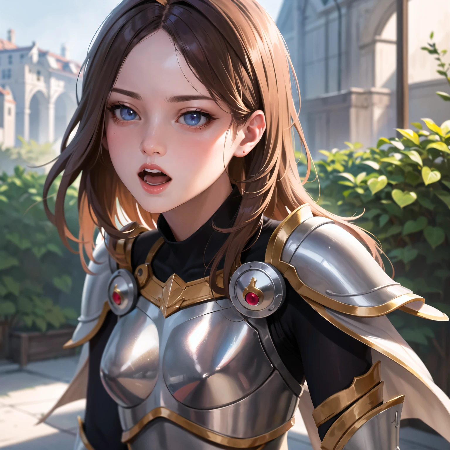 NSFW((masterpiece)), (((Best Quality))), ((Ultra-detailed)), (extremely detailed photo), ((extremely delicate and beautiful)),(Cute delicate face), (A 25 years old very dignified girl),(gold and black full armor) ,holding a glowing sword,(Castle in the evening background),solo, double eyelid,delicate skin,slender body shape,
