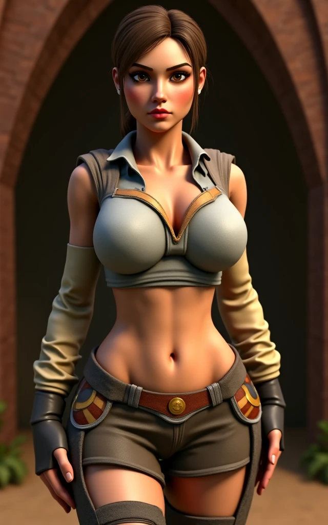 Best quality, masterpiece, ultra high res,photorealistic, raw photo,best quality,global illumination,8k wallpaper,official art, Amazing, finely detail,huge filesize, ultra-detailed,(extremely detailed eyes and face:1.2),(incredibly absurdres)), gigantic tits, uncensored, Kinessa from the paladins game, naked, yellow scarf, very short dark hair, Red eyes, tanned brown skin