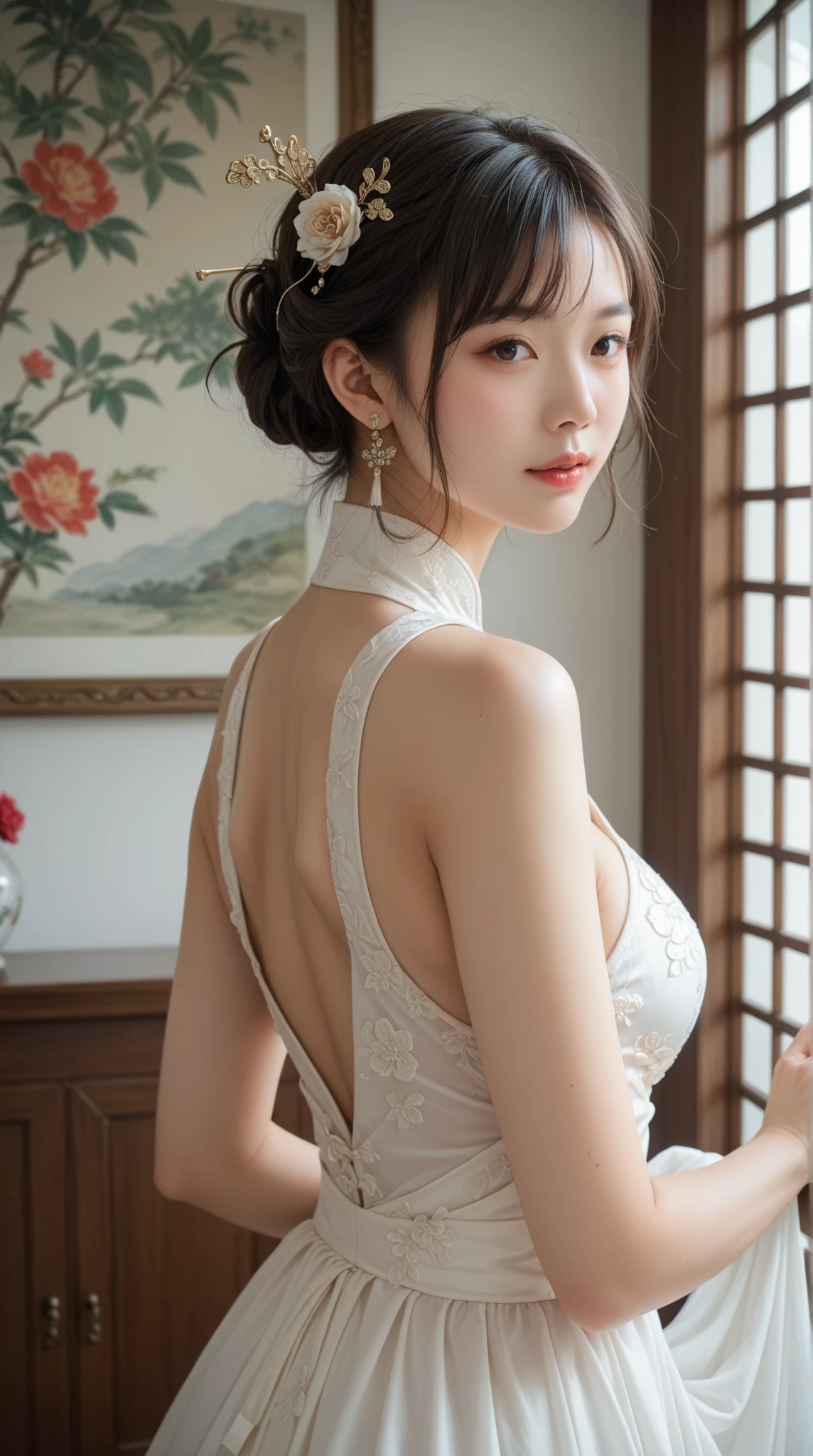 (Great quality, masterpiece:1.2, 8K, RAW Photos), High Resolution, (One beautiful girl, Baby Face Idol:1.5), blush, (Captivating smile:0.8), Star Student, ((chinese hanfu:1.2)), hair accessory, necklace, jewelry, beauty, Slender body line, Beautiful breasts, Tight waist, (Small beautiful butt, Slim and beautiful thighs), Tyndall effect, Realistic, Shadow Room, Light Edge, (Skin with attention to detail: 1.2), 8K ウルトラHD, SLR, Soft Light, Volumetric lighting, snap shot, Background Blur, real person, (Detailed eyes and face:1.3, Professional photography techniques), (Detailed hands and legs:1.2), (Perfect Anatomy:1.3)