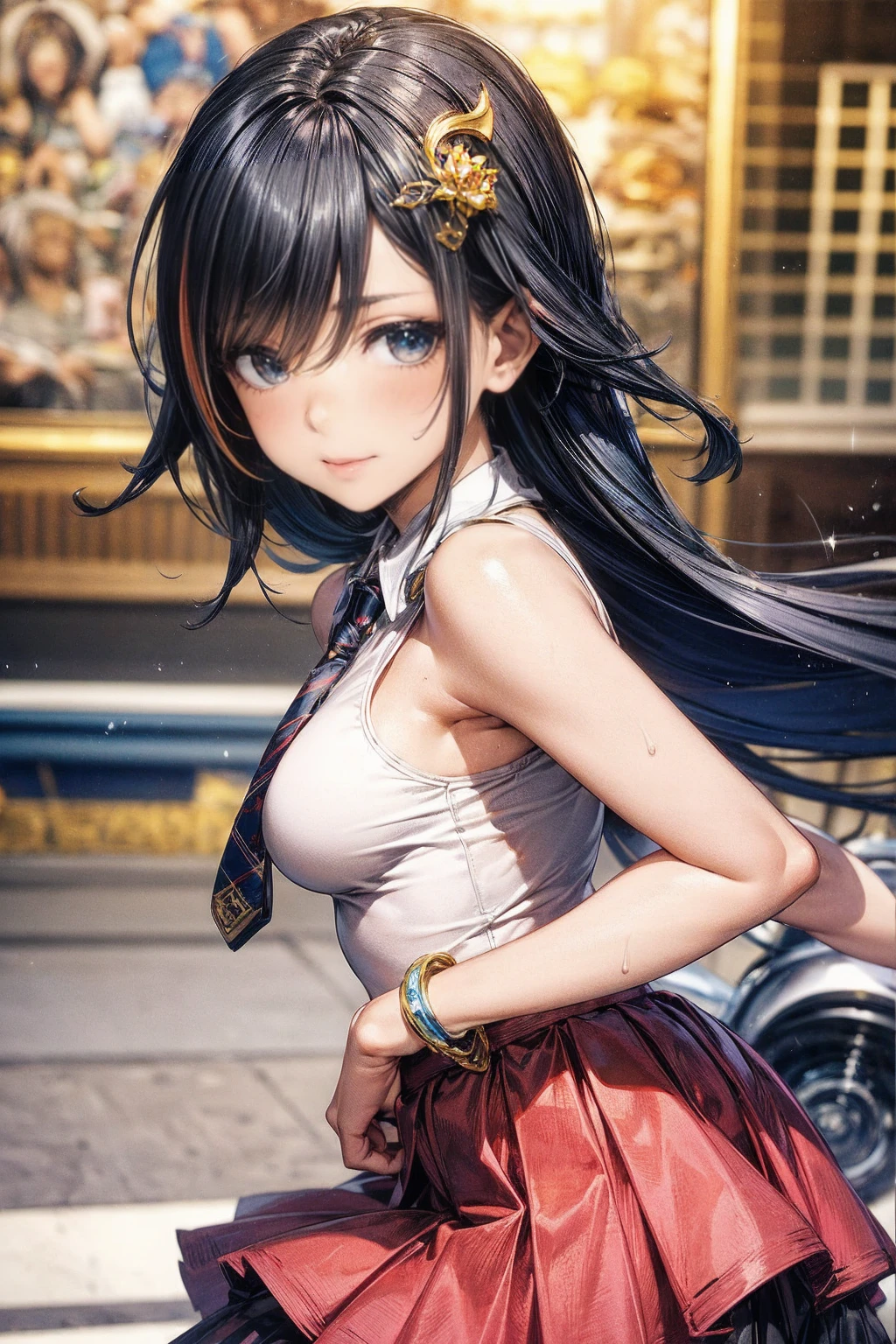 Browsing Caution,((masterpiece)),(((highest quality))),((Very detailed)),((((Realistic)))),((Disheveled Hair)),((Frills)),(1 girl),(alone),Sex from behind, (((Ass Focus))),,lipstick,Dynamic Angle,Big Top Sleeves,floating,Beautiful detailed sky,Beautiful detailed water,Beautiful fine details,Exposure,(fist),Expressionless,Blunt Side Bangs,Hair between the eyes,ribbon,A bow tie,button,Shoulder Bare,(((Small breasts))),Detailed wet clothes,Blank face,Pleated skirt,Flowers ,NSFW,