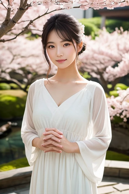 girl at cherry blossom park, BREAK, 1girl, detailed face, ornate braid long dress, see-through lace long sleeve, very very long hair, absurdly long hair, cherry blossom trees, floating petals, windswept petals, sakura flower, natural morning lighting, high quality, high resolution, masterpiece, raw photos, (realistic:1.3), detailed texture, teeth, black hair, straight hair, soft light, japanese garden, natural pose showing her figure, gigantic breasts, (14yo, cute:1.3), 