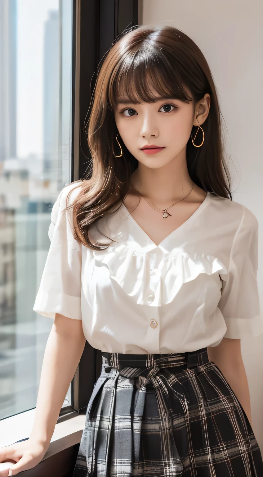 (Beautiful girl staring at viewers:1.3)、Top Quality,8K images、V-neck t-shirt with visible bangs over eyebrows 、(White blouse、 ruffle blouse、plaid midi skirt、black midi skirt、 high waist,ribbons:1.2)、bedroom、