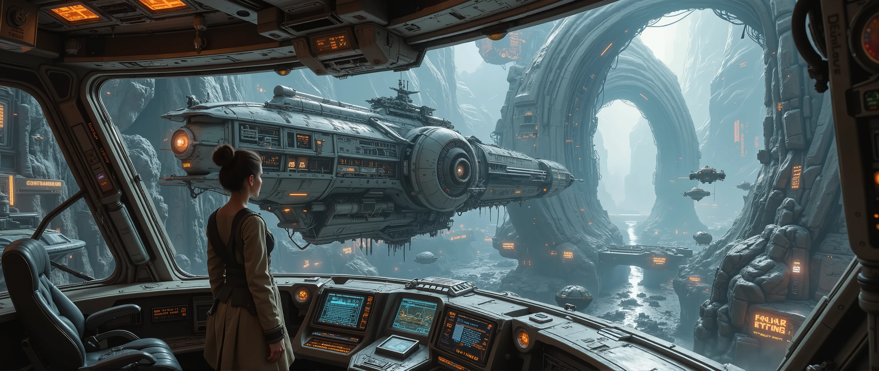    epic oil painting   , 16 thousand.,    artistic masterpiece  ,    correct gravity    ,   fantasy zone   , 10000 years   ,     is a very futuristic landscape with fantastic combat vehicles and mechanisms    ,   John Lucas  star wars Universe   ,  incredible detail ,   all the small details are drawn    ,   a meaningful story from books  " star wars" , TIE series fighters accompany Darth Vader's imperial dreadnought in the sky  , an incredibly beautiful girl - the captain of a starship stands inside the command bridge with her navigators and looks through the armored glass behind the landscape of the huge cave through which her starship flies