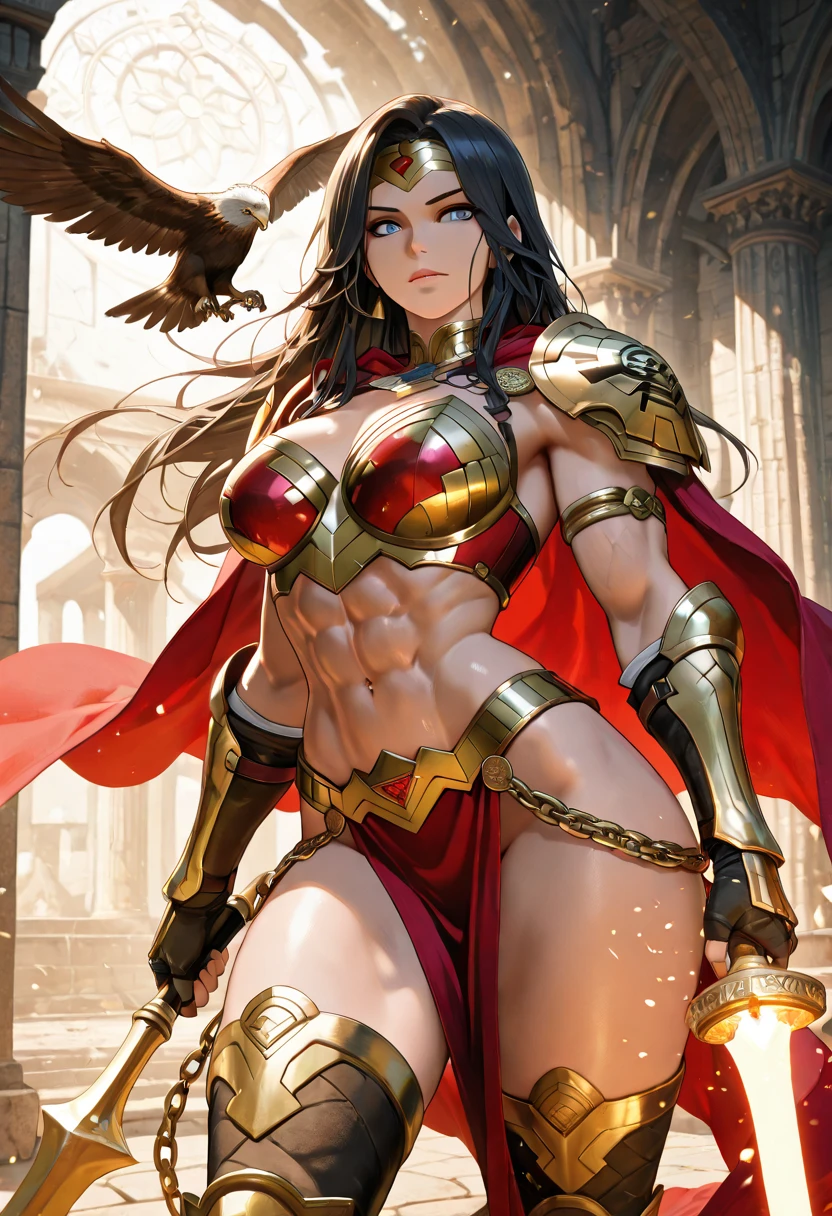 (masterpiece), (highest quality), a female, a brunette, a barbarian warrior, strong make-up, chiseled muscled arms, abs, cleavage, big breasts, big hips, intricate plate armor, huge shoulderpads, castles in the background