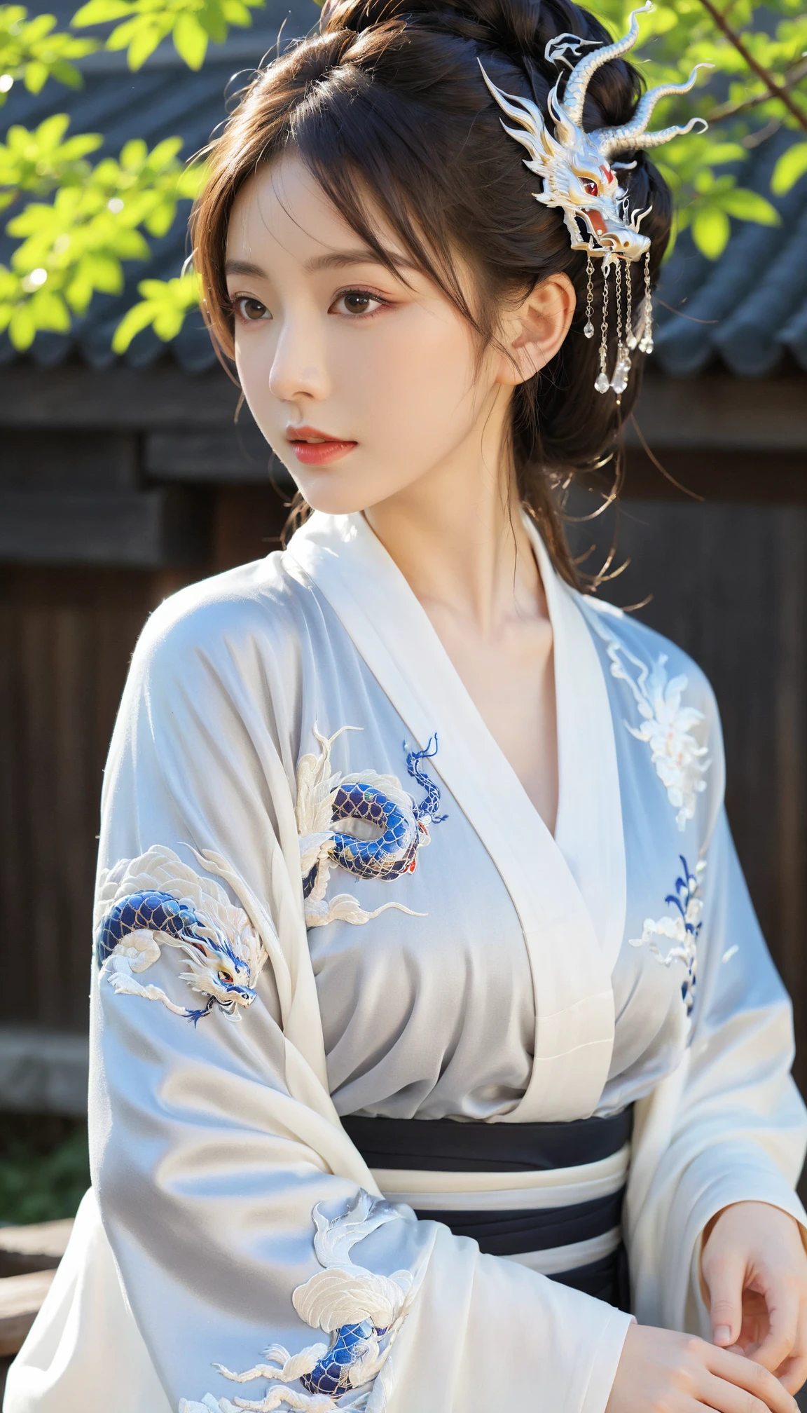 Brown hair girl and blue and white dragon