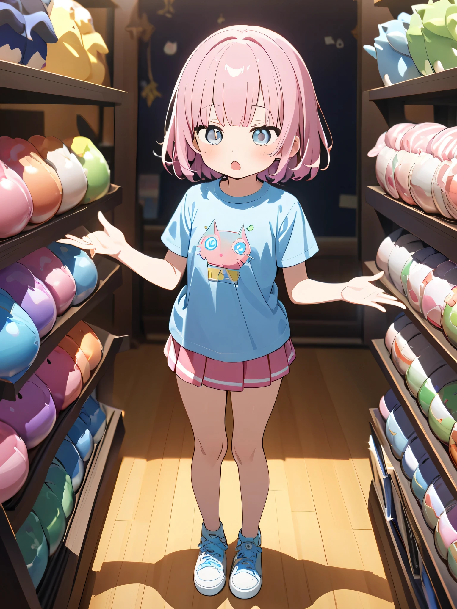 The figure's shadow is a cat、shrugging with hands up、 ((fullbody)),,Source Anime, (Masterpiece), (Best Quality)), (Very Detailed), ((Cute)), (Amazing), (Detailed)), 4K, (8k), Highest Quality , (beautiful), perfect anatomy, ((perfect hands)), (perfect fingers)
ultra-definition depiction,
break
(( 1girl )), 's years old, short hair, quick bangs、round face、,, pink hair, ((grey eyes)), hair bow, cute eyes, open mouth,((light blue long t-shirt with mini skirt)), ((X text on t-shirt:1.3))、natural make up、