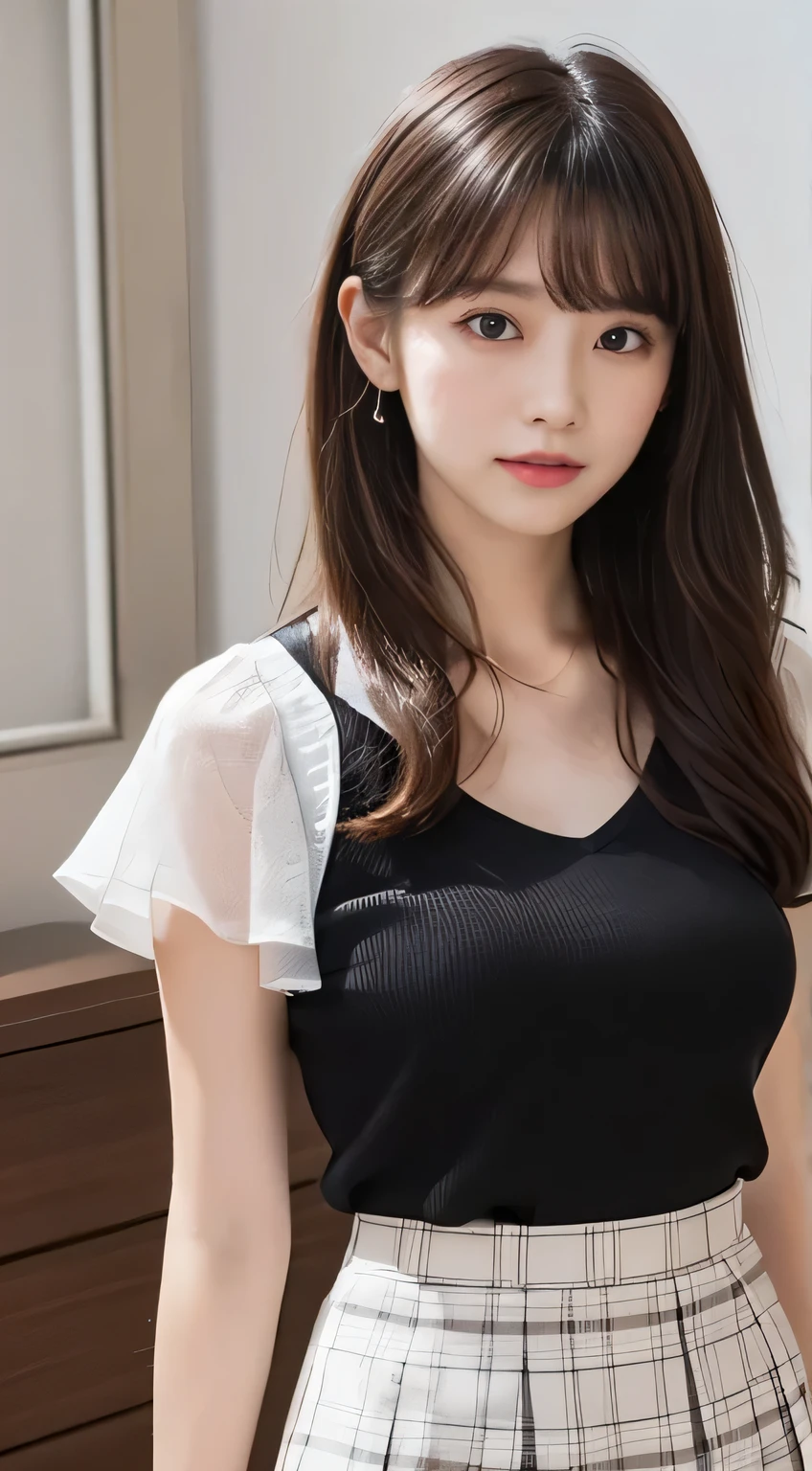 best quality, ultra high res, (photorealistic:1.4), 1girl, off-shoulder white shirt, black tight skirt, black choker, (faded ash gray hair:1), looking at viewer, Cleavage、tits