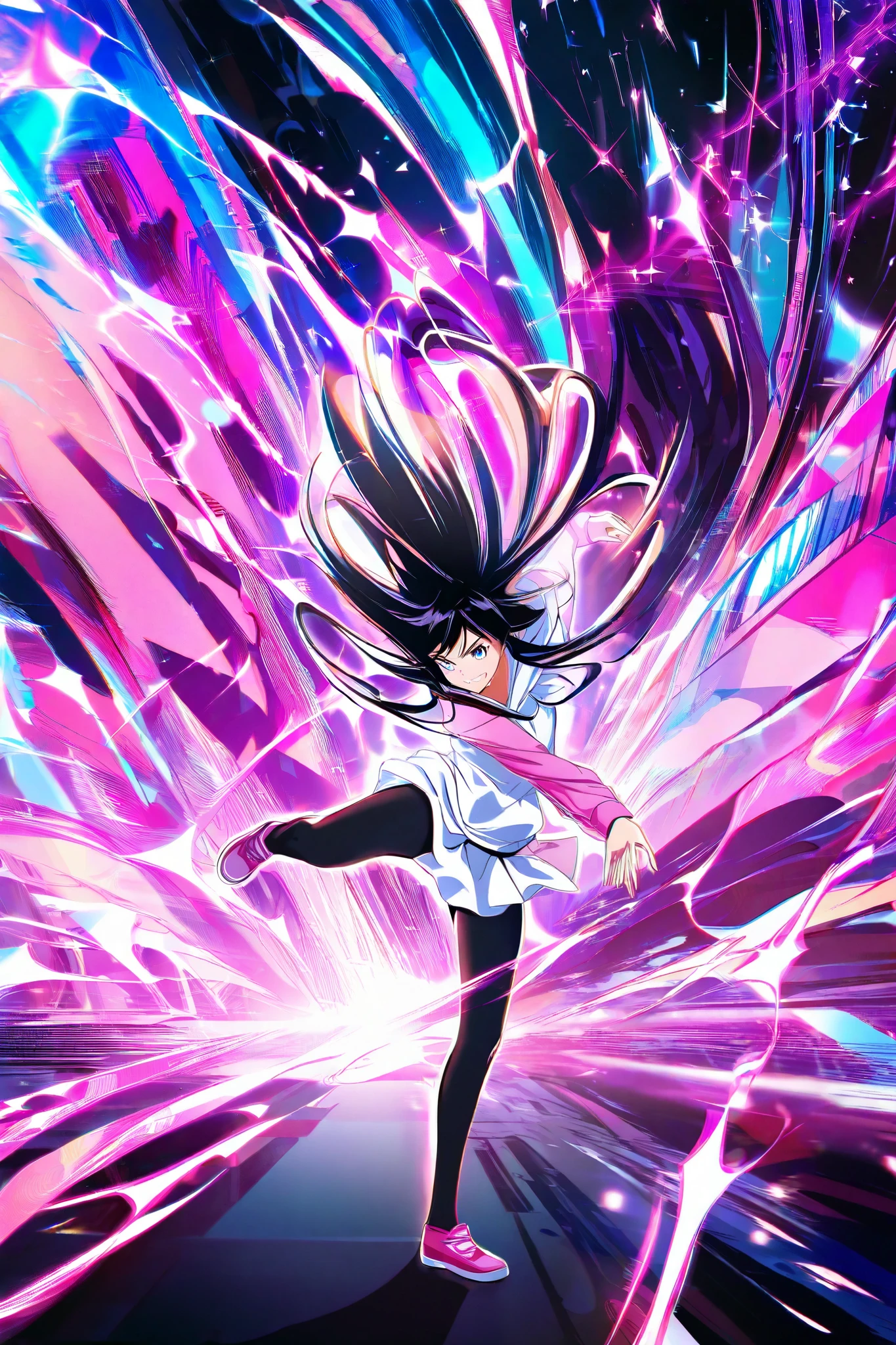 dynamic pose of a girl with long black hair a white hoodie with pink skeeves white skirt, black stockings and pink chunky shoes