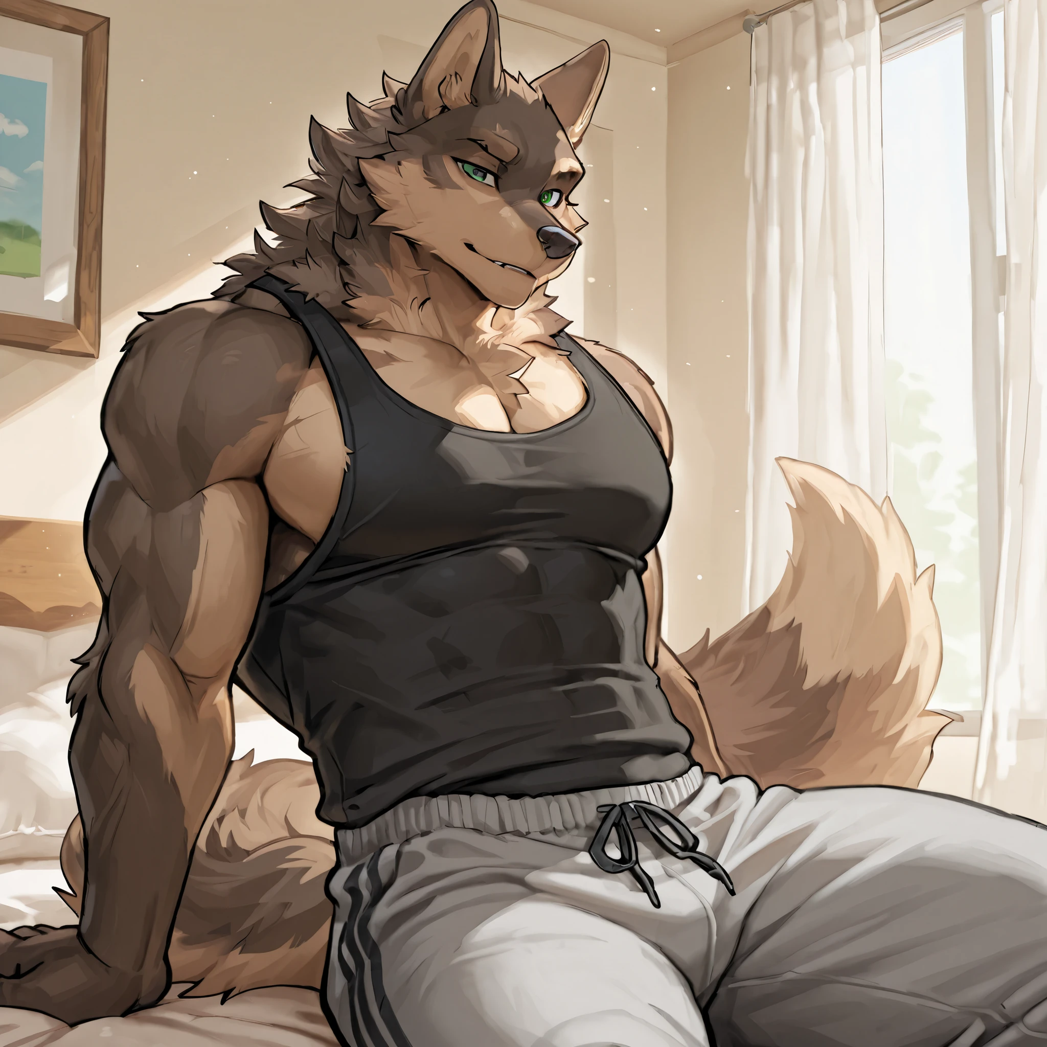 Furry wolf, wolf, man, masculine, sitting, buff, casual gym clothes, bed, dorm room, green eyes, solo
