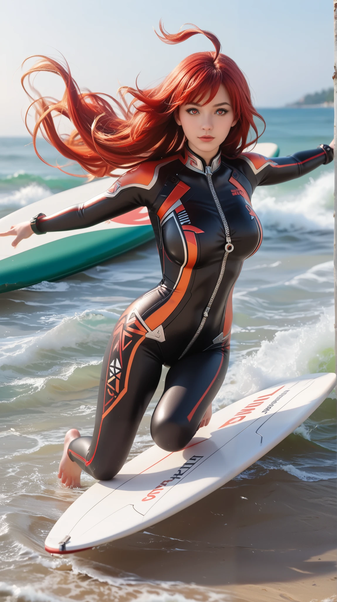 masterpiece, best quality, good quality, very aesthetic, absurdres, newest, REALISTIC, ULTRA REALISTIC, PHOTOGRAPHY, Perfect anatomy, masterpiece, masterpiece, best quality, newest, absurdres, highres, 1girl, mavkRnd, symbol-shaped pupils, red eyes, large breasts, red hair, long hair, ahoge, bodysuit, wetsuit, diving suit, alternate costume, 
surfing, barefoot, surfboard, action, stance, dark, anime, motion lines, motion blur, dynamic pose,