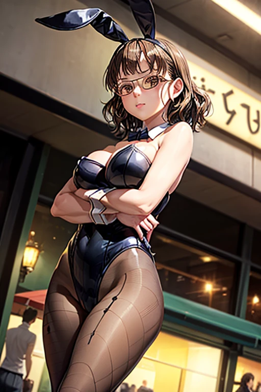 masterpiece, highest quality, High resolution, Rem, alone, Bunny ears, Playboy Bunny, Brown Hair, head band, Hair Ribbon, short hair, Moderate,, Hands on hips, squat, Leg spread, street, smile,