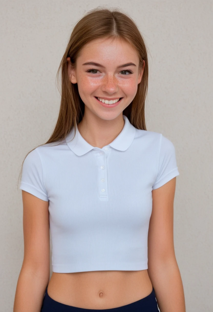 Chica de escuela, 14 years old, Jean azul, cara de belleza, sonriendo suavemente