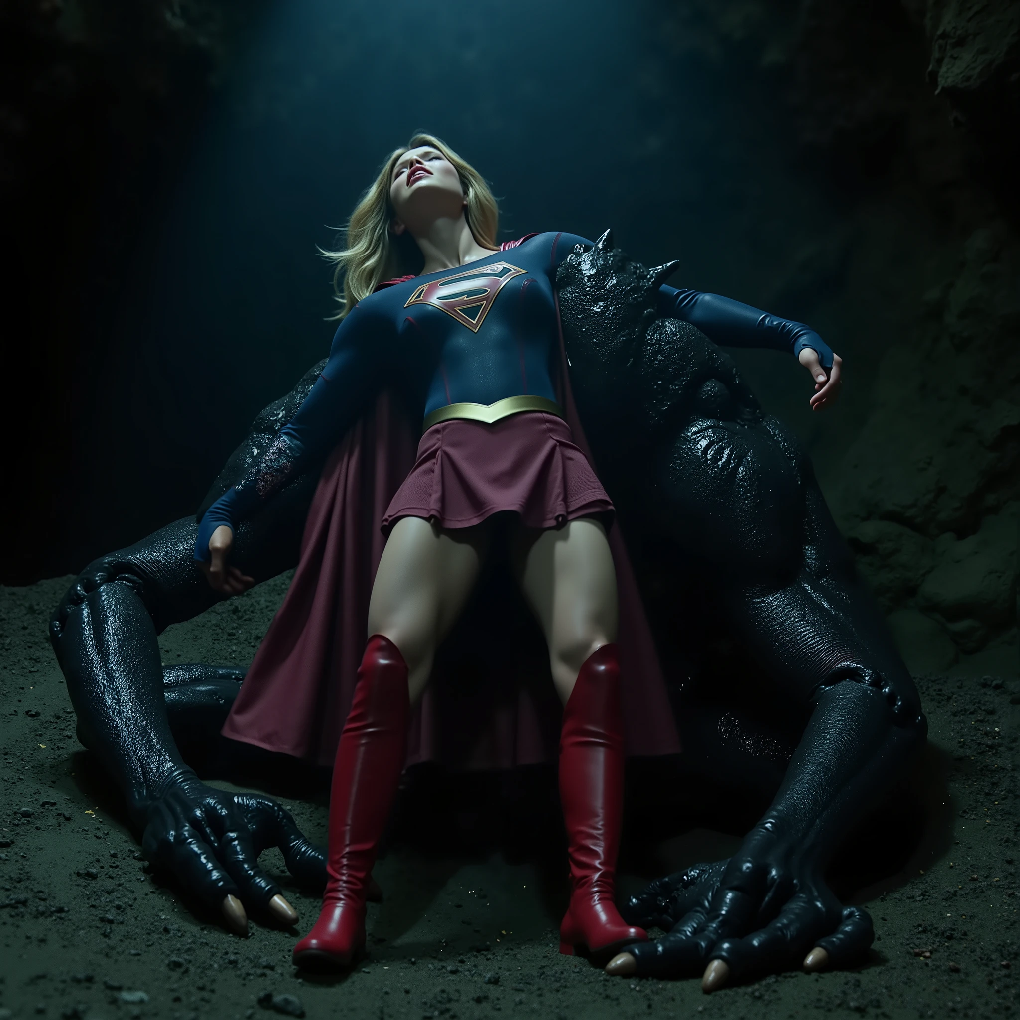 Supergirl is raped by an alien monster, very bright white skin, her legs are spread out wide, can see whole body, She is wearing a thin black pantyhose, short red skirt, red knee height long boots, blonde hair, unconsciousness, eyes close, seriously injured, painful, a fierce Alien Monster is kneeling attach to Supergirl body between her legs, photorealistic, hyperrealism, night time, underground cave,