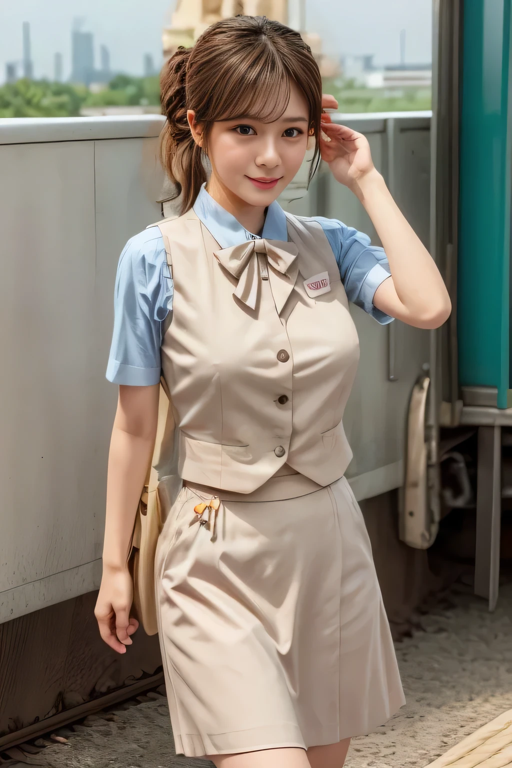 (masterpiece:1.2, Highest quality:1.2), 32kHDR, Hi-Res, (alone、1 girl)、(Rooftop of a building during the day、 professional lighting)、Building rooftop background、(JR WOMAN TRAIN CREW UNIFORM BEIGE REAL STYLE)、((JR Woman Train Crew Uniform Beige Light Blue Blouse Short Sleeve 、 Knee-length culottes skirt、 beige vest、 scarf))、dark brown hair、(long hair、 with hair tied up、 with hair tied up)、dark brown hair、Long Hit、Big Breasts、 Read more、(( amazing hands:2.0)),((A harmonious body shape:1.5)),((Normal limbs:2.0)),((Usually refers to:2.0)),(( Delicate Eyes:2.0)),((Normal eyes:2.0)))、smile、(JR Woman Train crew uniform beigeのKnee-length culottes skirtを見せた美しい立ち姿)、Hands clasped underneath