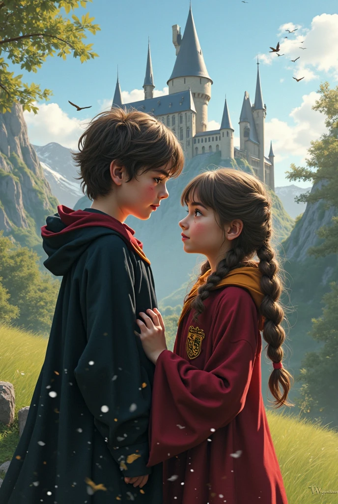Please make a curly haired girl with green eyes, brunette with a Hogwarts robe next to a boy taller than her who had light brown hair with dark brown eyes, with Jan in Hogwarts robes hugging