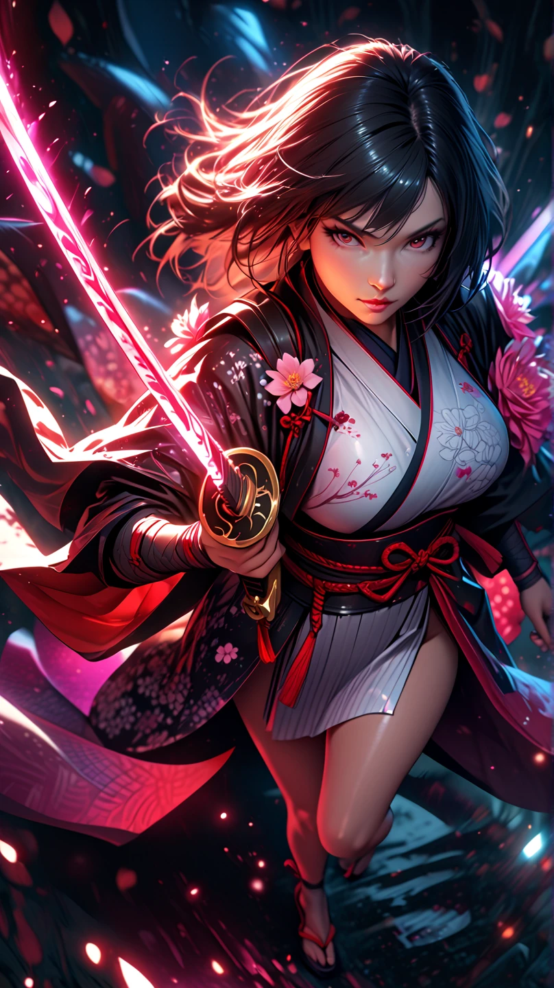an asian samurai with long black hair tied in a bun, with medium breasts, wearing a kimono, and wielding a katana that emits electricity