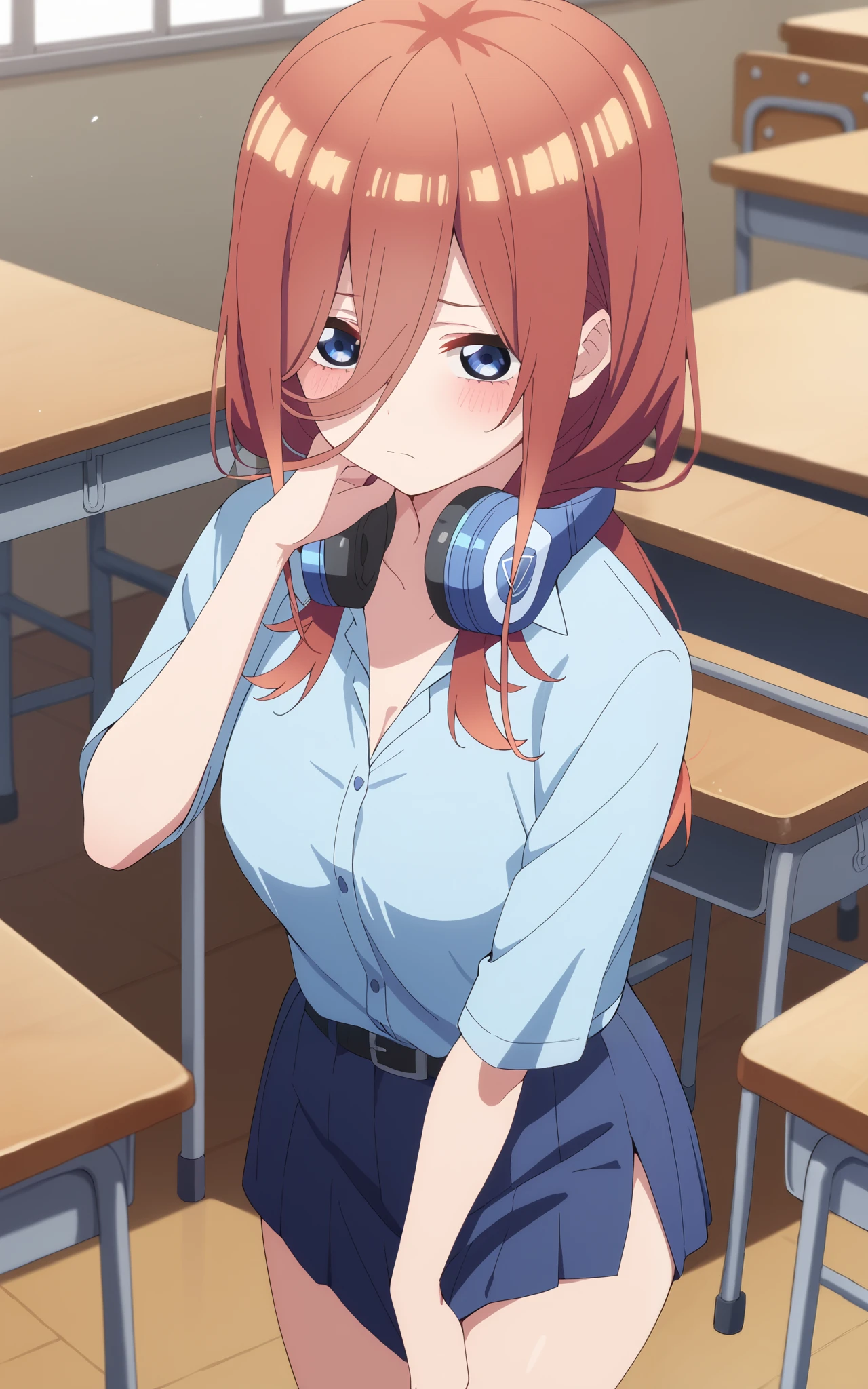 upper body, Nakano Miku, anime style, random sexy pose , ((Super Detail)), (wopen leg, best quality, Ultra High Definition), complicated details,
1 girl, long hair, Blue Eyes, long hair, shy, ,sma shirt, miniskirt, belt, Chest, ((background : stormed the classroom,) Please wear it and sit at the classroom table