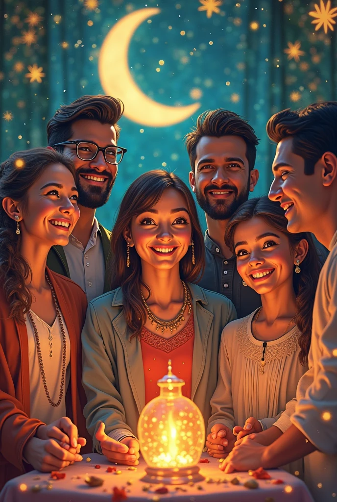 ((3 man sitting), (3 hijabbed woman)), caricaturized, casual fashion, fantasy art, happy expression, extreme detail, masterpiece, cinematic lighting, 4k, indoor background