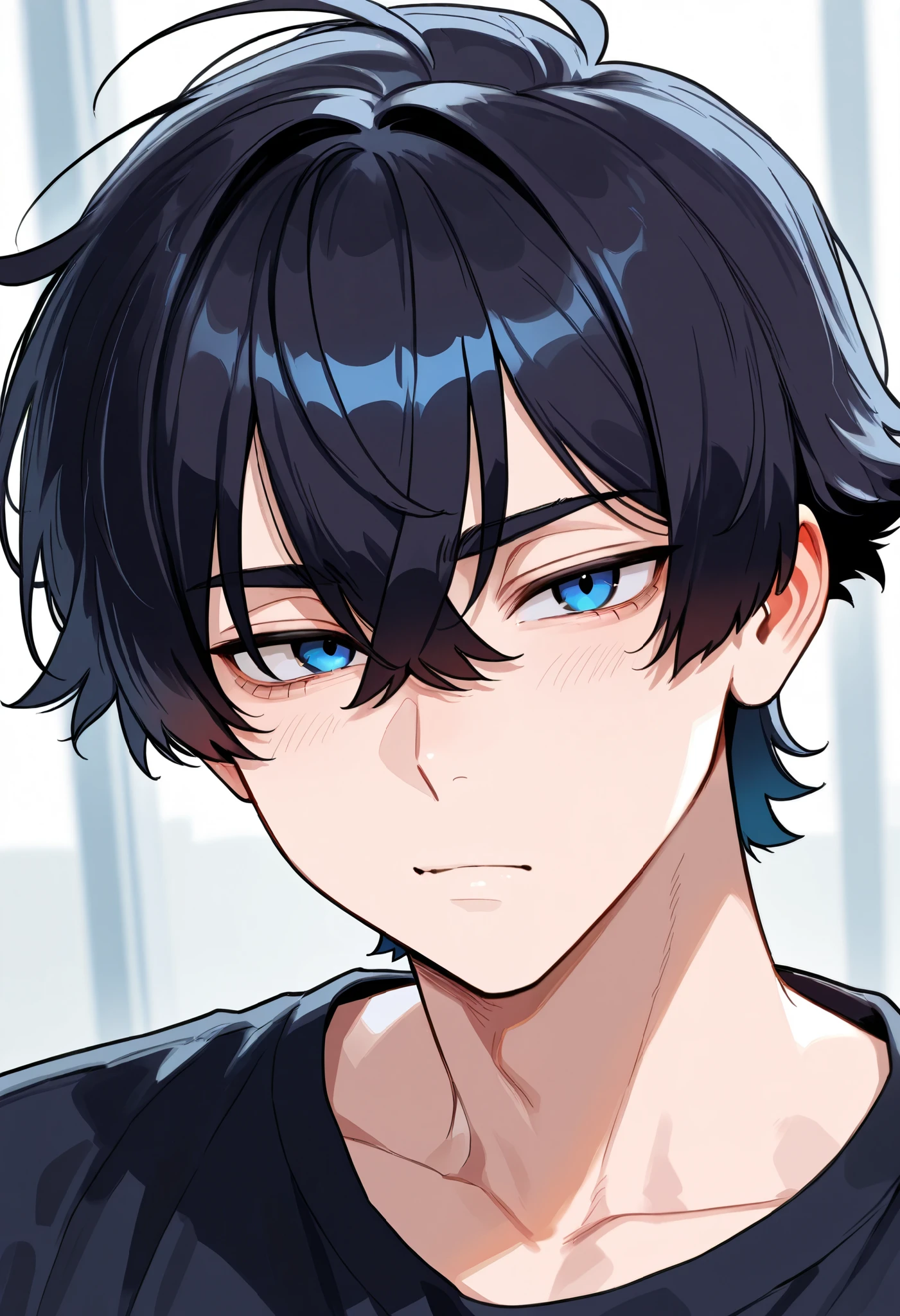 1boy , short boyish hair, messy bangs, black hair, blue eyes, gamer boy