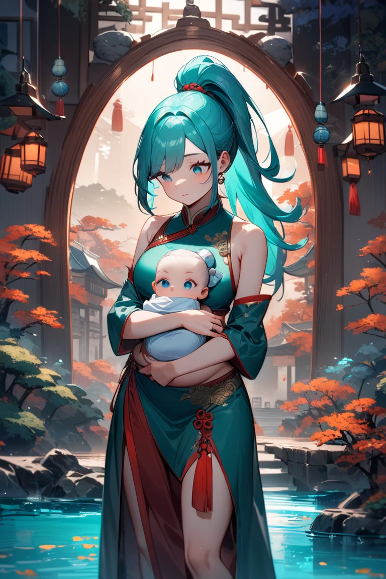 (8K、Top image quality、top-quality、masterpiece)、A detailed face、1 teen girl in、lightblue hair、Long、red eyes、Pointed ears、piercings、tusk、deer antlers、Smaller chest、((light blue chinese clothes))、side slits、((long-sleeve))、((Hands hidden in the sleeves))、cowboy shot、((forested background)), pregnant