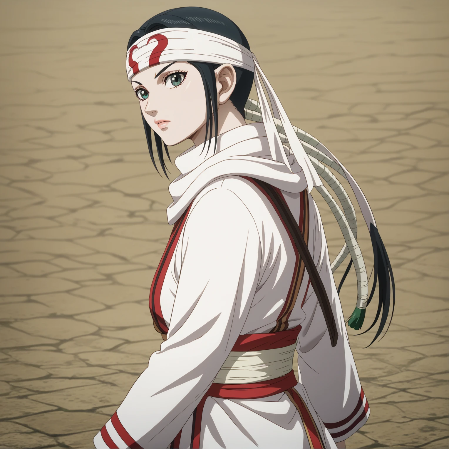 ((((masterpiece)))), super detail, high details, high quality, best quality, highres, 1080P, 8k, 16k very accurate clothing sharp gaze score_9, score_8_up, score_7_up, ((headband on forehead)) detailed clothing beautiful girl , white sash belt walking away back turn looking back at viewer blank face 10 beautiful  girls standing in a row  wide screen 