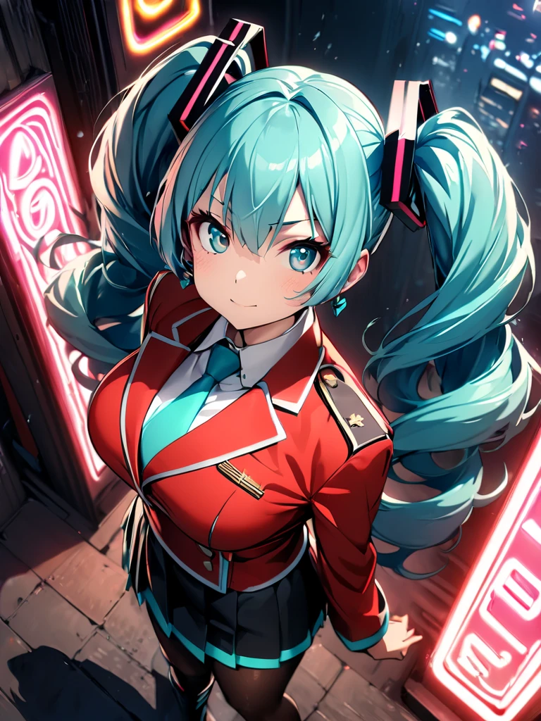 1 girl, Long aqua hair and high ponytail, black eyes with slit pupils, small breasts, side braid, hair bow, hair ribbon, black hairband master-piece, best quality, proportional body, proportional, Wear a short black hoodie hood, Check plaid skirt, deep in the night, Moon Night, The rooftop of a building overlooking the city, Night sky with the moon shining, photon mapping, Radio City, shinny skin, sexy facial expression, Make eye contact with the camera, (light_Smile:1.5), (Detailed hands and fingers:1.2)