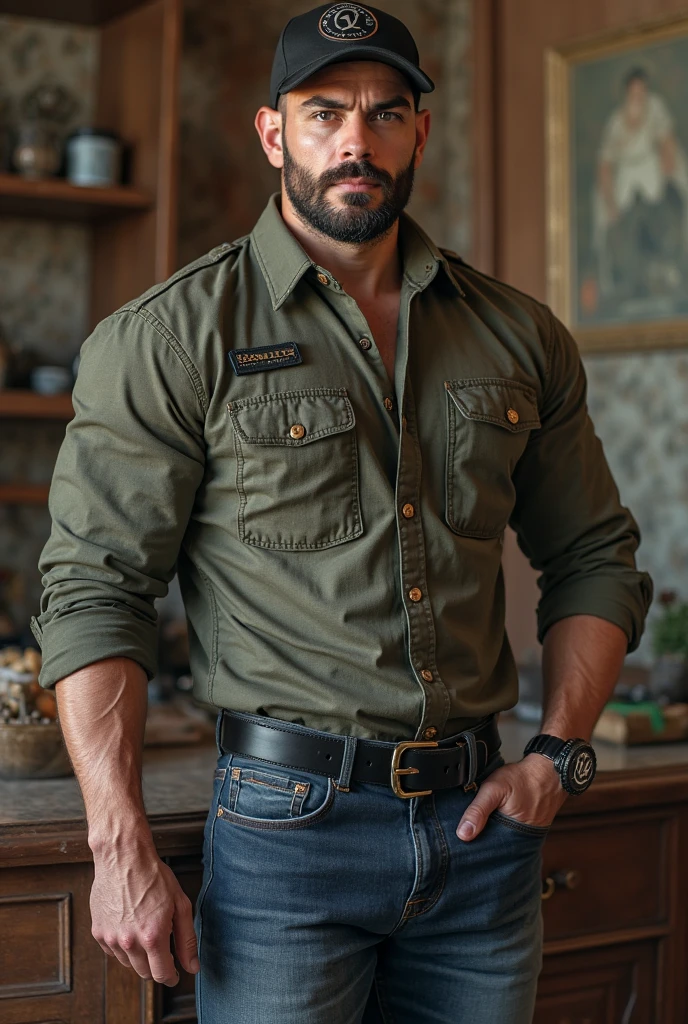   Handsome man , muscle shirt,  Masculine and sensual with casual wear , with a modern,  Authentic and modern jersey with military print ,  Strong and muscular legs , large lump,  Ultra-realistic and detailed masterpiece in 8k with great detail in the office ,  about , bodybuilder, wide legs,(   bulging crotch ,    short beard,  Turkish )  Elegant and sophisticated sweater with logo  ,  rear, rears grandes ,  about
(((Jeans color marrón  libanes rear grande, as big as,  black belt))) that shows his face baseball cap