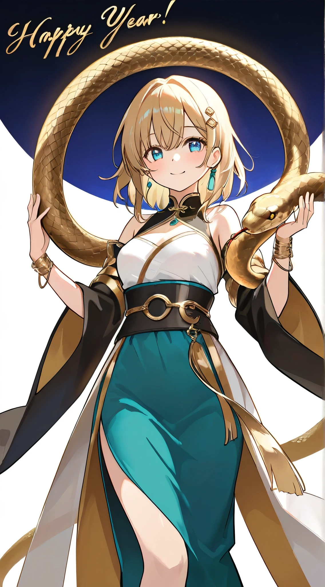 close-up of a golden turquoise snake , it circles around itself , bright colors evoke prosperity and good luck. Next to the snake , a young girl ,, white as porcelain , eyes as bright as sapphires , standing confidently in front of a white background . more than, bold gold text shines , with elegant cursive " Happy New Year 2025 ", radiates a warm atmosphere .