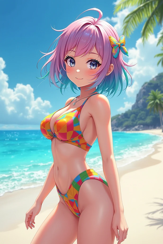 Re:zero,2 girls(one girl:rem,blue hair, short hair)(other girl:ram,pink hair, short hair) large breasts are standing at tropical beach in Maldives, colorful, floral, (wearing off shoulder bikini and flair short skirt), smiling to viewer. from bellow, floating hair, bangs, looking to viewer, extremely cute face, masterpiece, best quality, 8k wallpaper, high resolution, (scenery), perfect anatomy