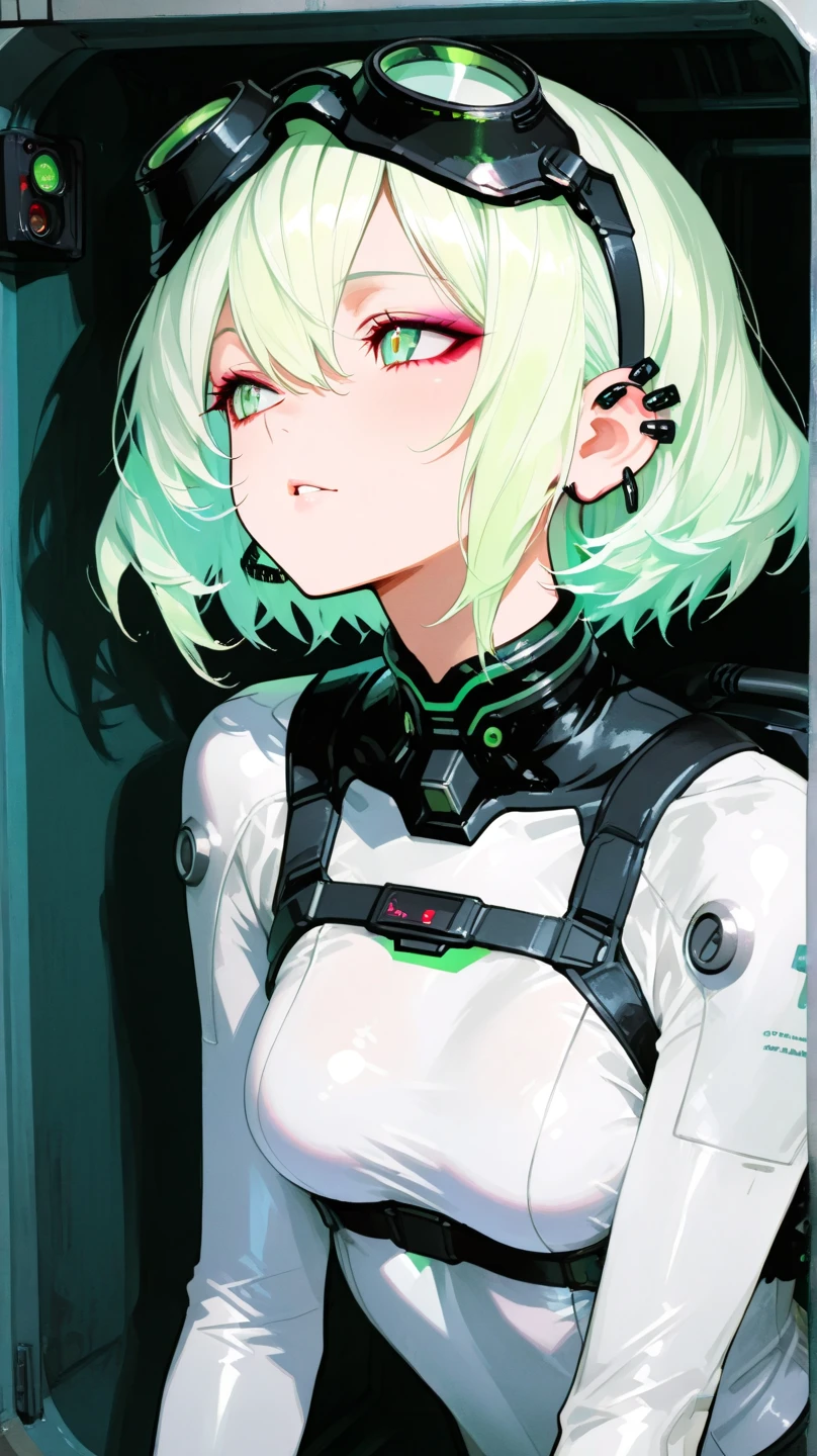 (masterpiece), best quality, expressive eyes, perfect face, 1girl, short hair, white hair, cropped jacket, green eyes, midriff, (((goggles))), lazy, half lidded eyes, cybernetics, jeans, bell bottoms
