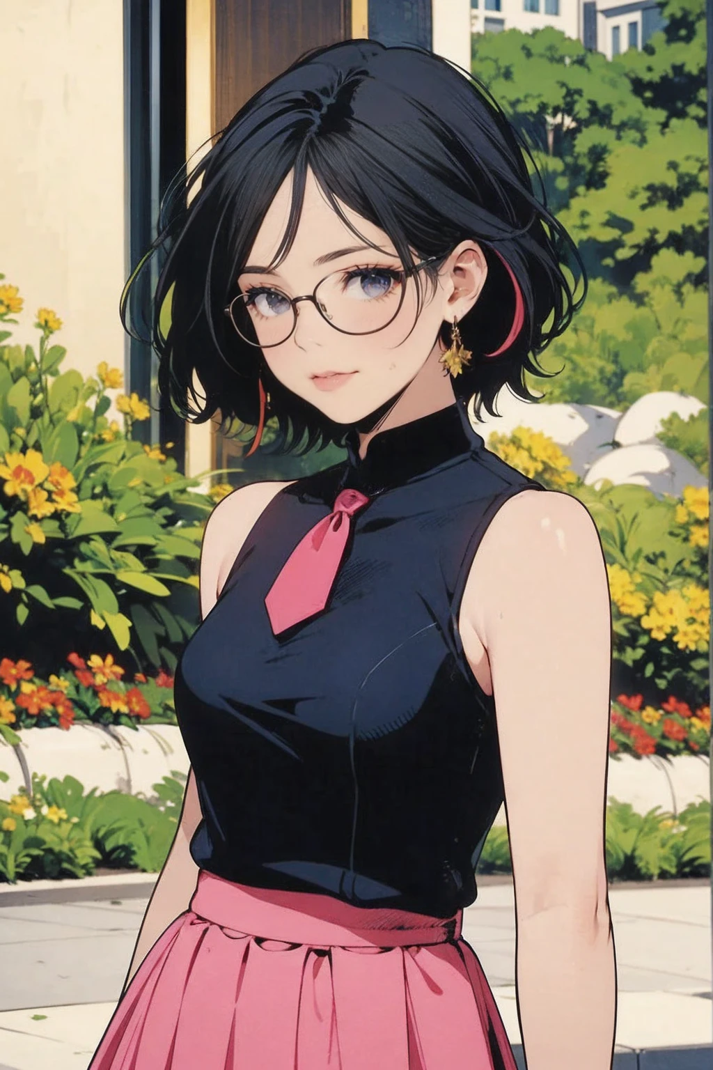 1girl, sarada uchiha in anime boruto, short hair, black hair, red eyes, frameless glasses, smile, beautiful, masterpiece, absurdres, hinata\(boruto\), teen female, towel outfit, looking at viewer, (falling petals), perfect composition, detailed lips, huge medium breast, beautiful face, body propotion, blush, (pink painted lips), soft gaze, super realistic, detailed, realistic face and body, sweat body, hide breast using towel, sauna background, shy face, smiling. thick body, bbw, view from bottom, put hand in the back, very shy face, oil body. white fog, breast almost fall out from towel. transparent towel.