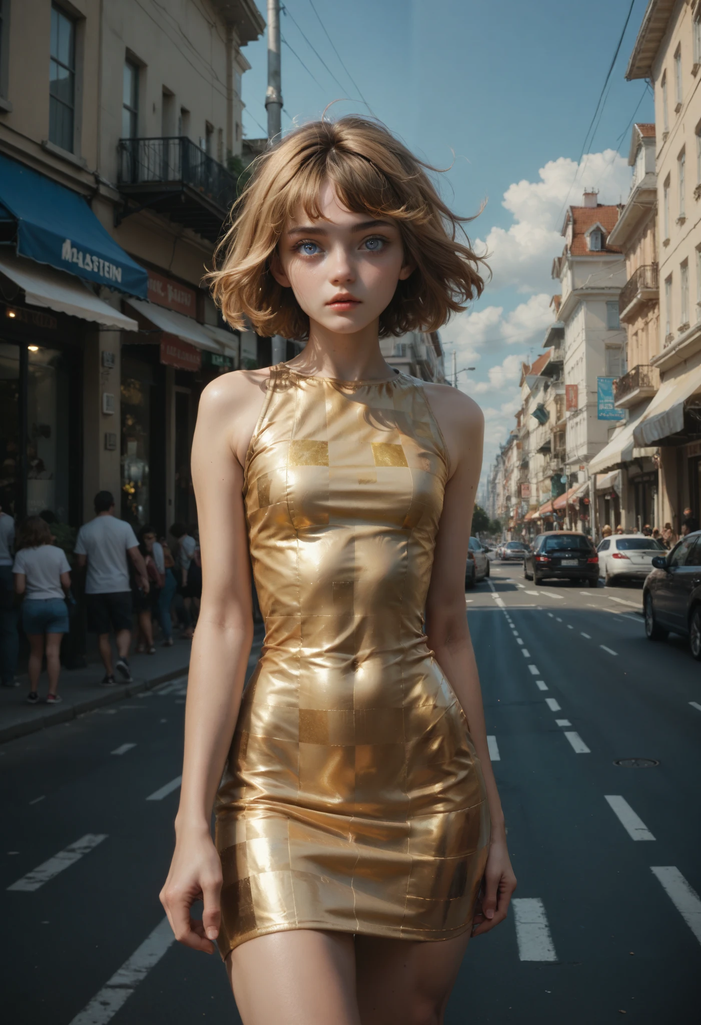 ((RAW photo), absurd, (absurd resolution)), (masterpiece, best quality), (young girl, 21 years old), (sky blue pupil, sharp pupil), ((realistic style)), (cropped hair, straight, disheveled bangs, golden straw color), ((short tight dress with checkered pattern)), (walking on a street, city, poles), strong wind, ((Midday)), ((Photographic perspective)). «SunPuma S»