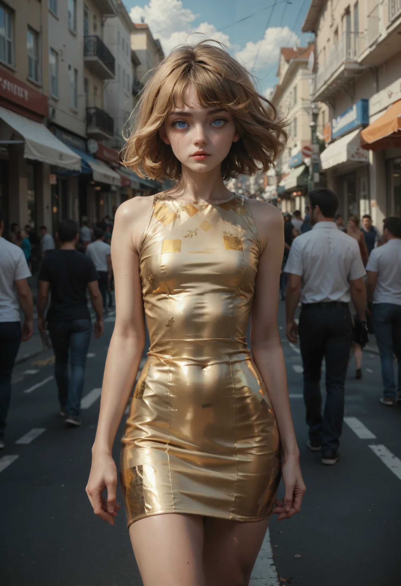 ((RAW photo), absurd, (absurd resolution)), (masterpiece, best quality), (young girl, 21 years old), (sky blue pupil, sharp pupil), ((realistic style)), (cropped hair, straight, disheveled bangs, golden straw color), ((short tight dress with checkered pattern)), (walking on a street, city, poles), strong wind, ((Midday)), ((Photographic perspective)). «SunPuma S»
