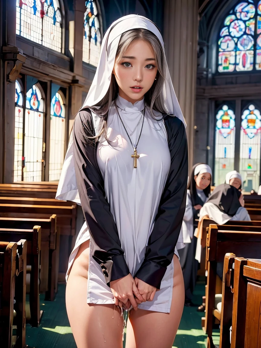 (((nude)))、Young nun, Bible, Gray Hair, church, Realistic and detailed eyes , Browsing Caution,,((( She is being made to cum))),Kind Face、Spread your legs