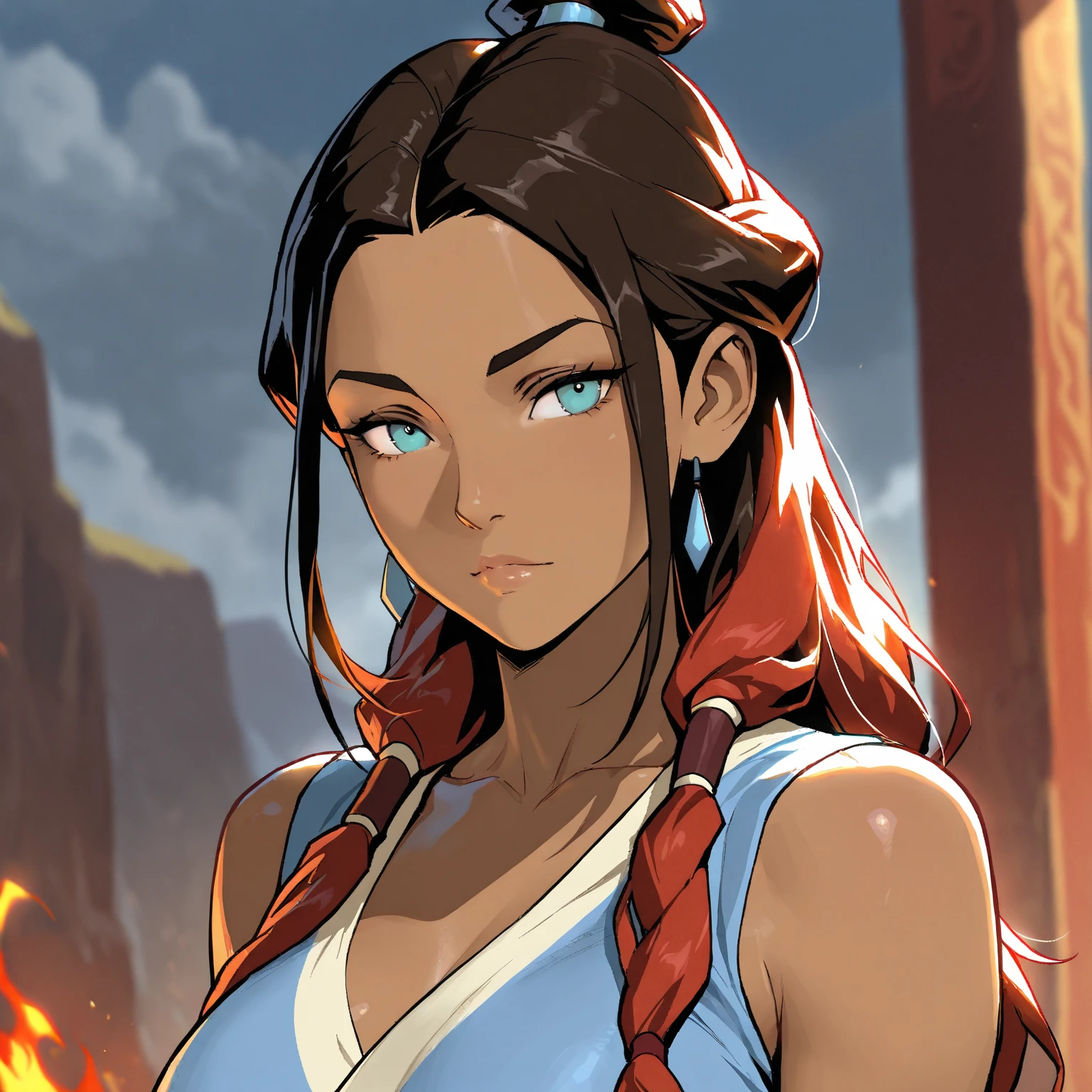 3062197697 Kanae Hyiori, a beautiful woman from the Water Tribe, has red eyes, long brown hair with red streaks, her dark skin, she has a toned and strong body, in front of a lush igloo, wearing a standard Water Tribe coat, with a close-up capturing the harmonious beauty between her natural breasts, showcasing her mastery of Waterbending.