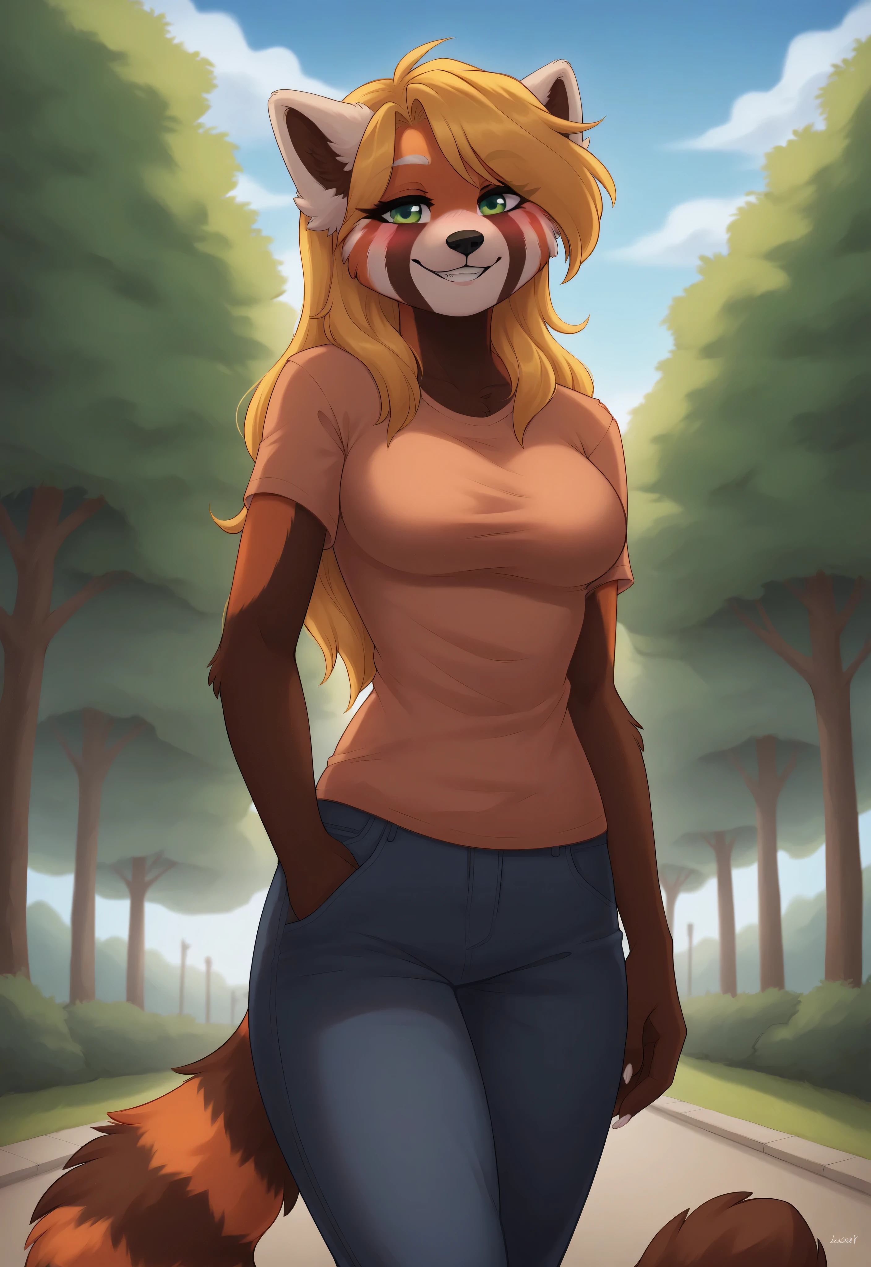 (4K HD Quality), score_9_up, score_8_up, score_6_up, anthro, solo, 1girl, female, furry, red panda, orange fur, brown body, yellow hair, long thick hair, white ears, brown inner ears, green eyes, red panda tail,medium large breasts, white claw,
Lynne_(Jay_Naylor),
blush, perfect teeth smile, looking at view,
day, shirt, long pants, walking, park, view from below,
