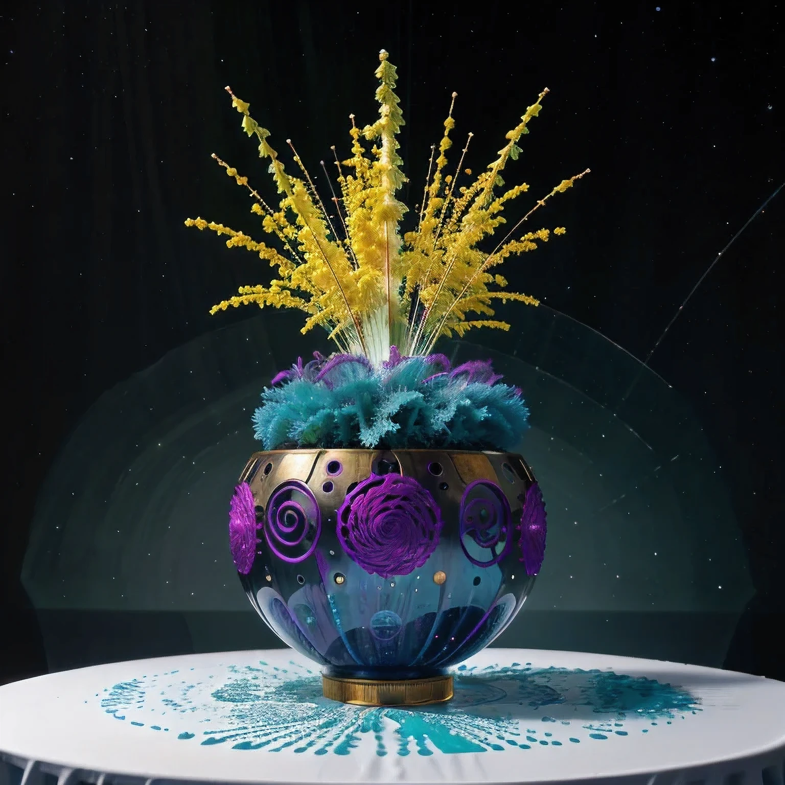 Seabed ice sheet background,detailed armor, ornate headdress, samurai helmet(((Dynamic rotating concentric circles)))(Dynamic rotation of concentric circles)Mandala is the result of the long journey of creating concentric circles of liquid color, there is a glass bowl with a green and purple swirl inside, simulacrum of a space fungus, alien flower, distant nebula are glowing algae, inspired by Otto Piene, inspired by Earnst Haeckel, top down extraterrestial view, covered with ferrofluid. dslr, translucent algae ornate, the eye of the universe, anatomical fractal,which interact through transparency, refraction, reflection, and collision. The ultimate goal is to showcase unique, detailed, and aesthetically pleasing images that capture the audience's attention through their initial visual impact and stunning details in liquid interactions,there is a cake with a red and yellow center on a blue plate, inspired by Otto Piene, victor antonov, culinary art photography, inspired by Graham Sutherland, colorful ferrofluid armor, inspired by Anish Kapoor, alexandra fomina, david kassan, by Jan Rustem, rudolf is hired, sergey krasovskiy, kai vermehr