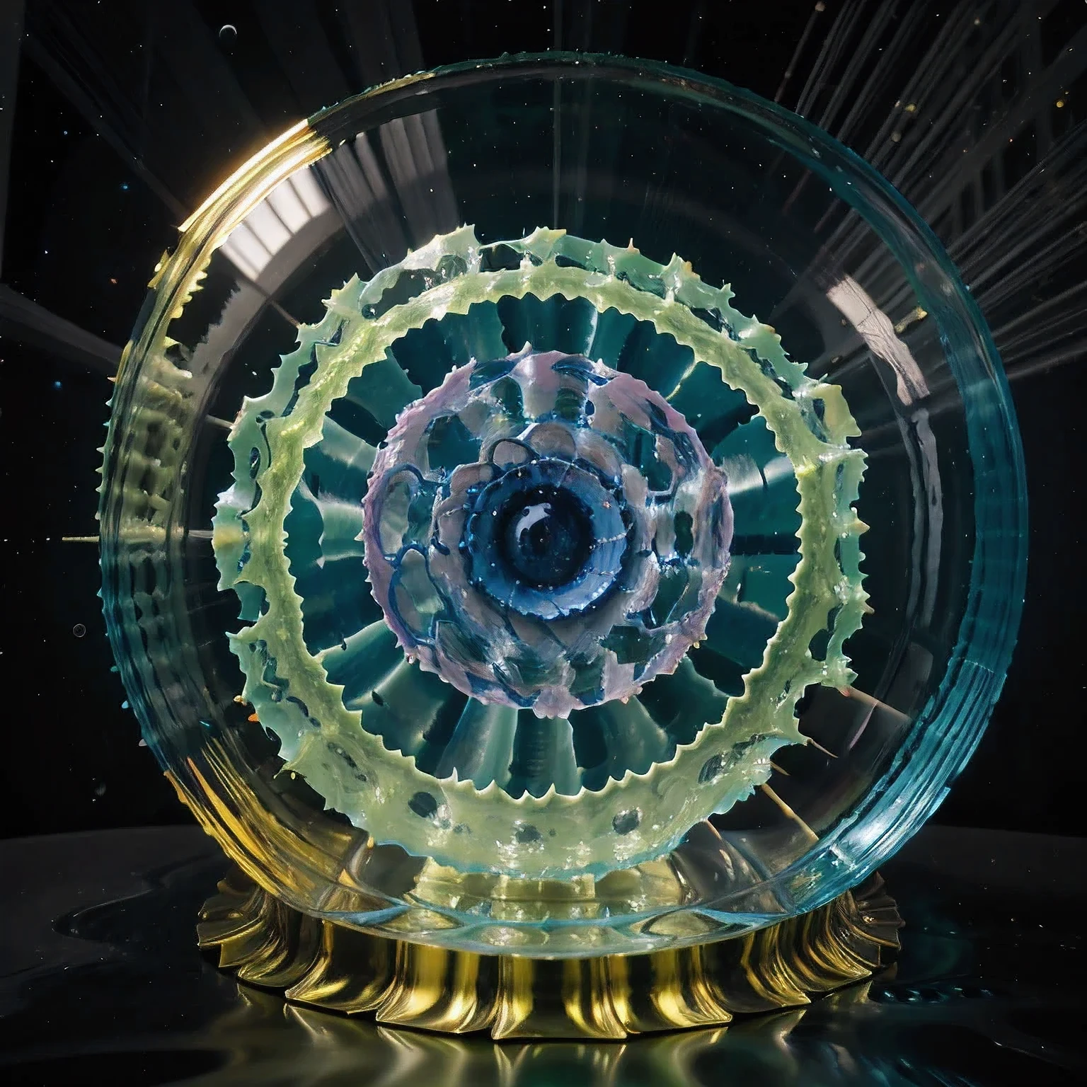 Seabed ice sheet background,detailed armor, ornate headdress, samurai helmet(((Dynamic rotating concentric circles)))(Dynamic rotation of concentric circles)Mandala is the result of the long journey of creating concentric circles of liquid color, there is a glass bowl with a green and purple swirl inside, simulacrum of a space fungus, alien flower, distant nebula are glowing algae, inspired by Otto Piene, inspired by Earnst Haeckel, top down extraterrestial view, covered with ferrofluid. dslr, translucent algae ornate, the eye of the universe, anatomical fractal,which interact through transparency, refraction, reflection, and collision. The ultimate goal is to showcase unique, detailed, and aesthetically pleasing images that capture the audience's attention through their initial visual impact and stunning details in liquid interactions,there is a cake with a red and yellow center on a blue plate, inspired by Otto Piene, victor antonov, culinary art photography, inspired by Graham Sutherland, colorful ferrofluid armor, inspired by Anish Kapoor, alexandra fomina, david kassan, by Jan Rustem, rudolf is hired, sergey krasovskiy, kai vermehr